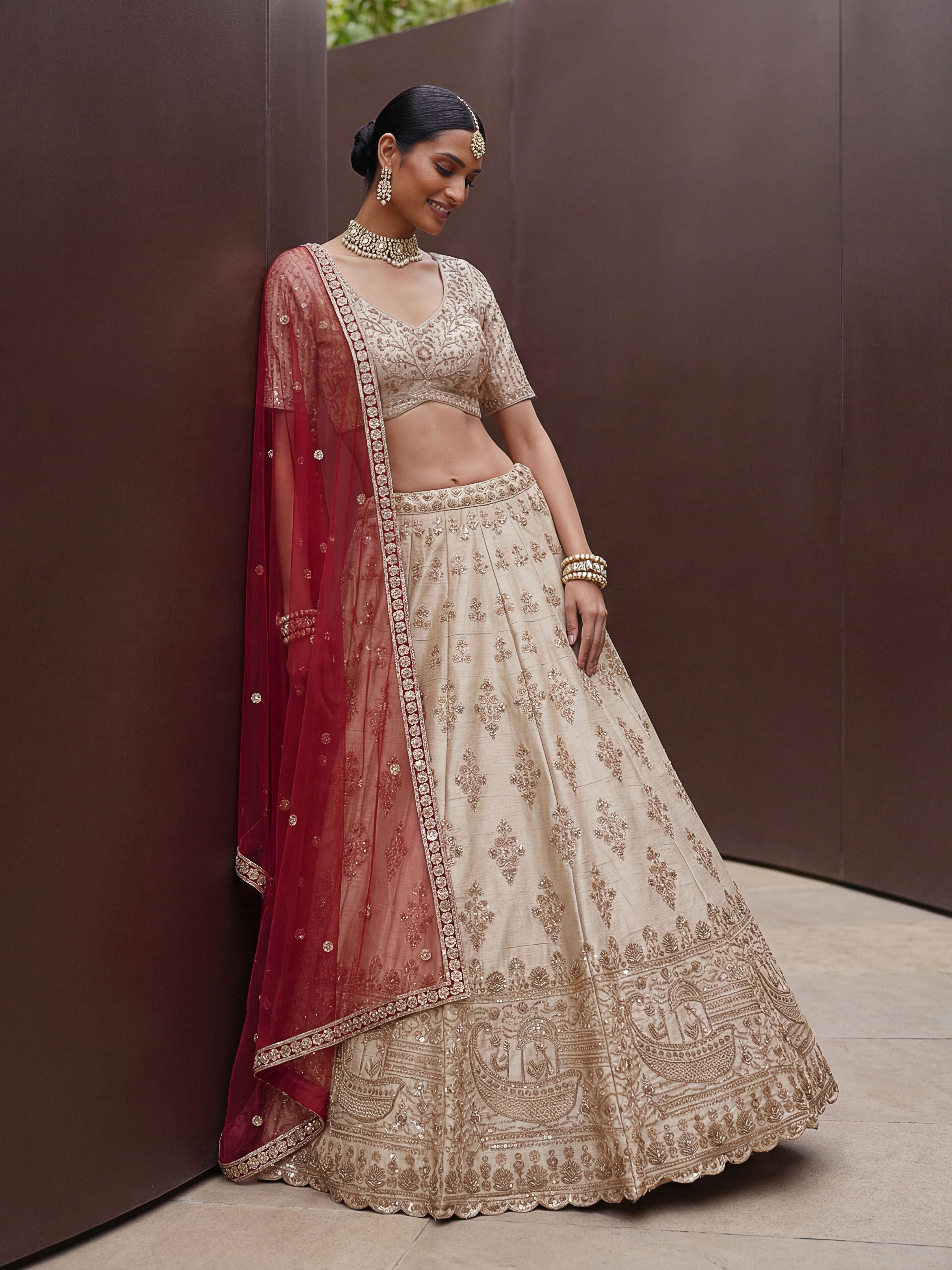 Cream Silk Lehenga Choli With Hand Work With Jari Embroidery And Pipe Work