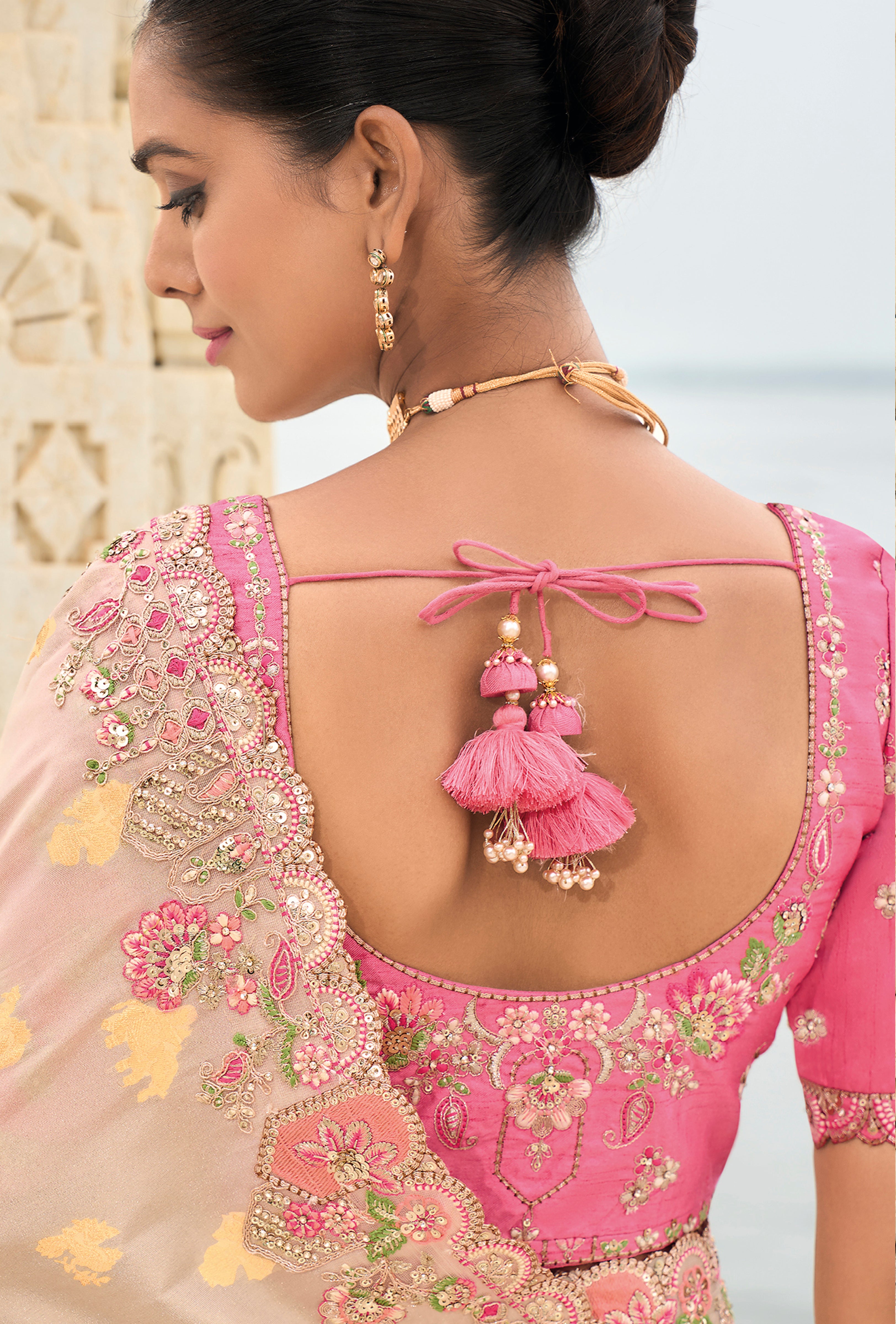 Cream Silk Saree With  Embroidery Work