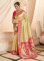 Cream Silk Saree With  Jacquard Woven Work