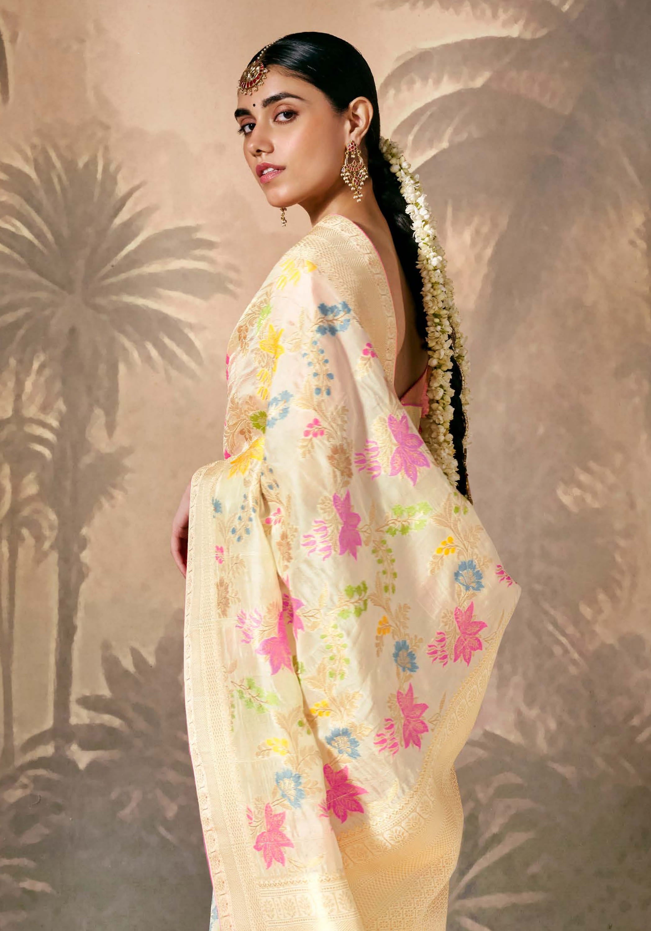 Cream Silk Saree With  Jacquard Woven