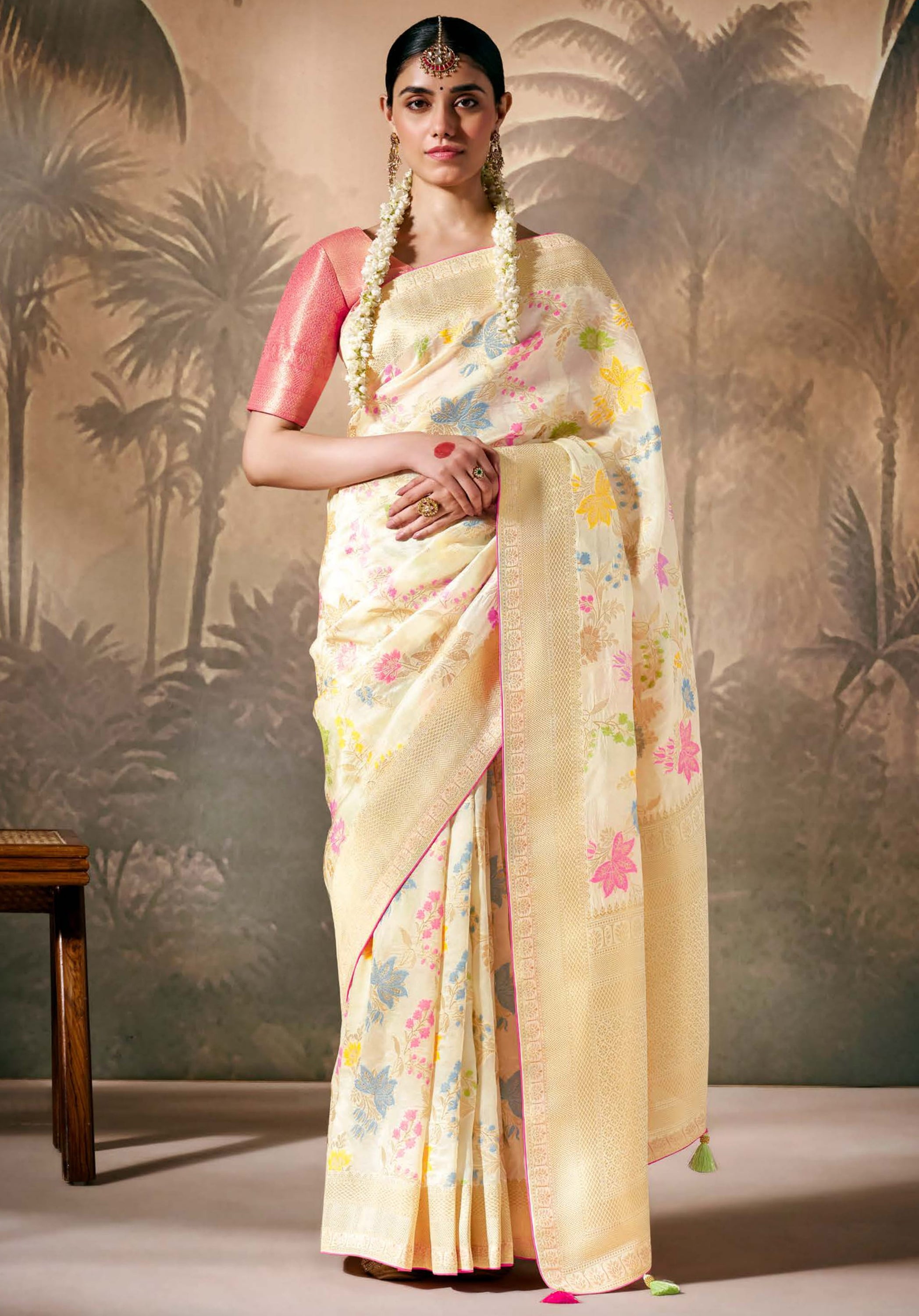 Cream Silk Saree With  Jacquard Woven