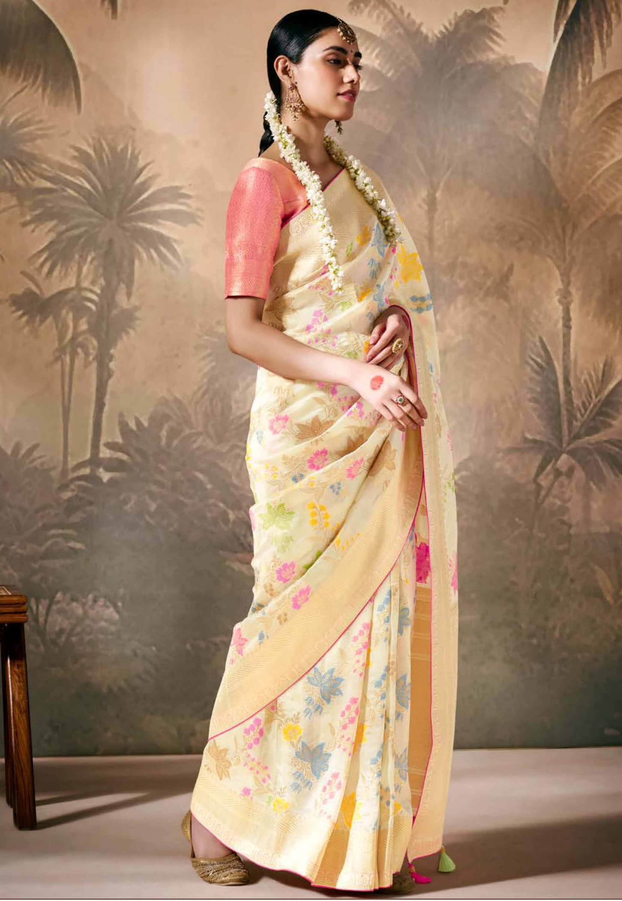 Cream Silk Saree With  Jacquard Woven