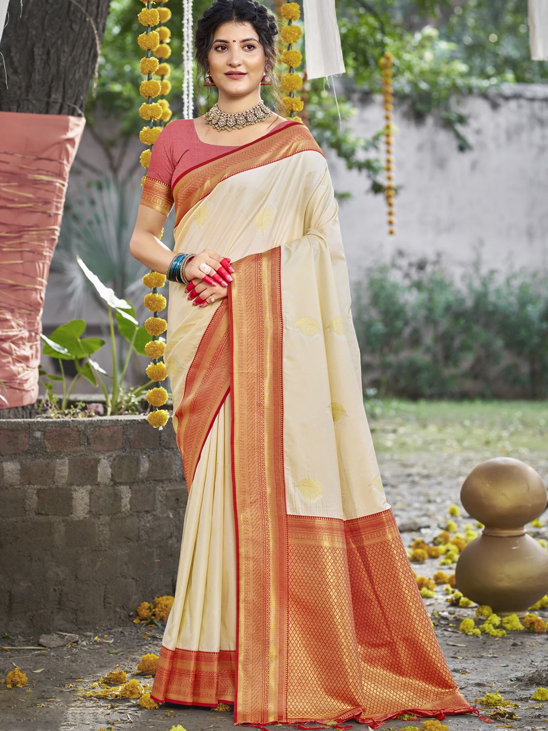 Cream Silk Saree With Woven Work