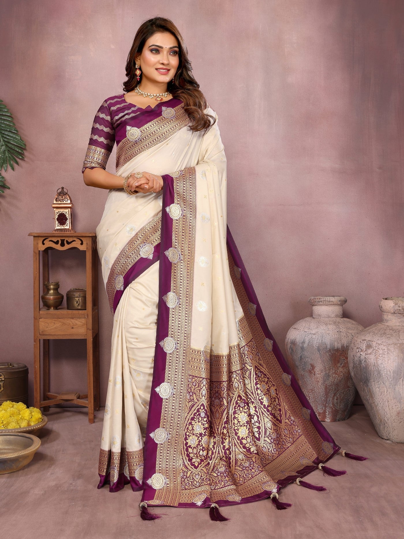 Cream Silk Sarees Saree With Traditional Weaving