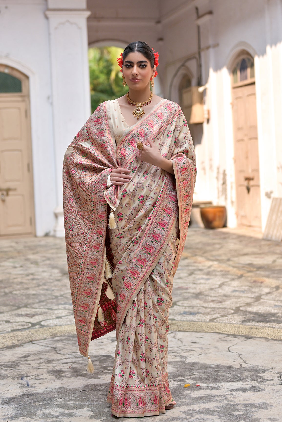 Cream Silk Saree with Thread Jal and Floral Weaves