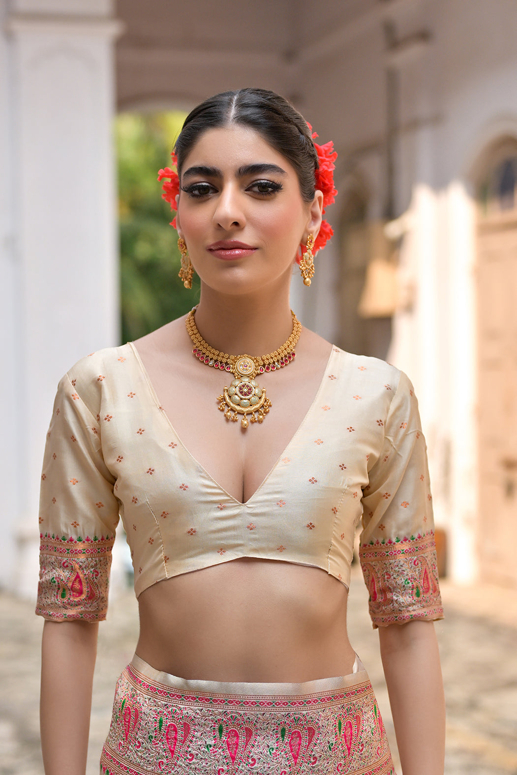 Cream Silk Saree with Thread Jal and Floral Weaves