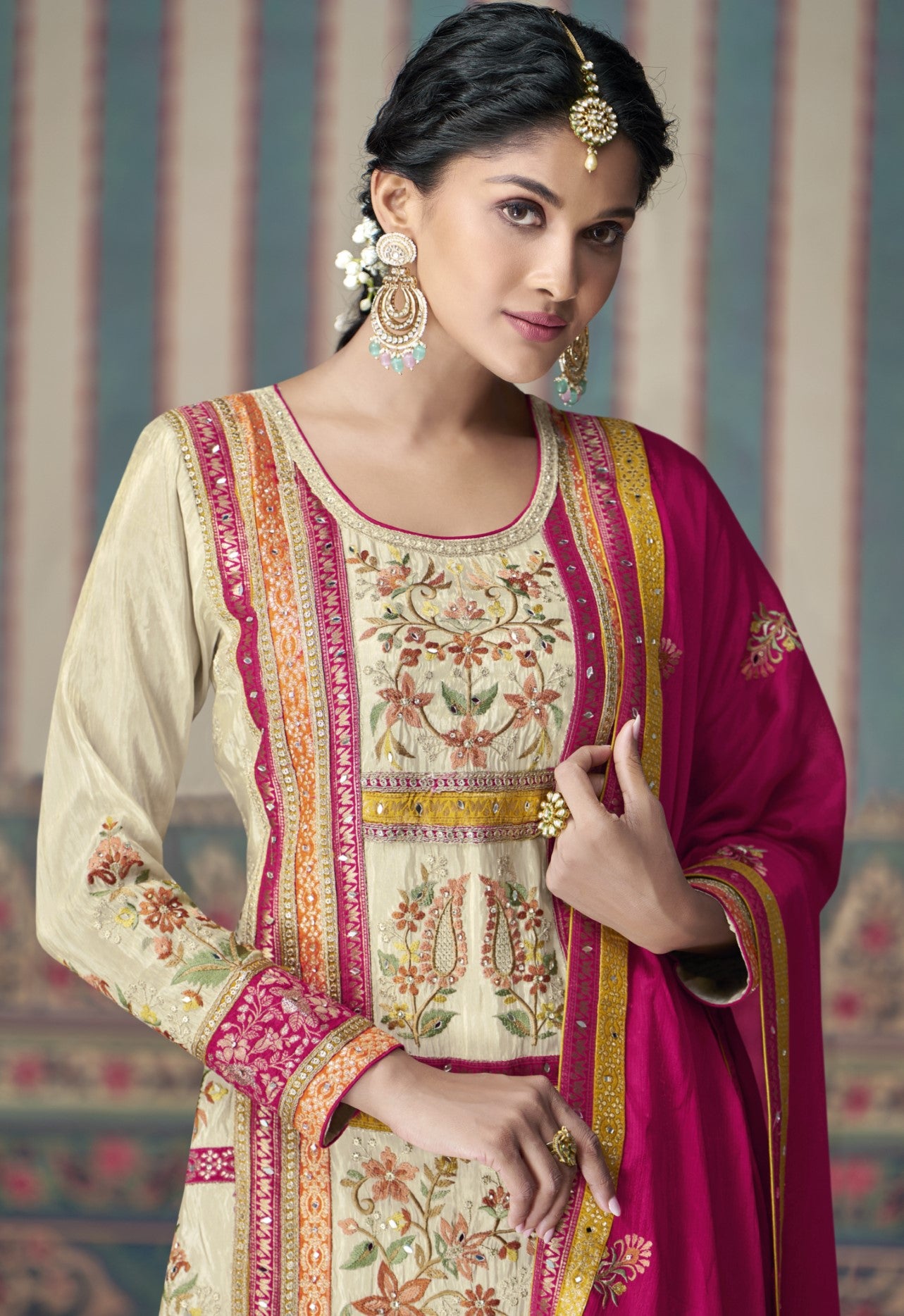 Cream Simar Silk Palazzo Suit With Jacquard Lace Work
