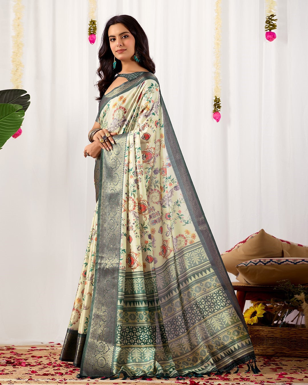 Cream Soft Lichi Silk Saree With Digital Printed Elegant Designer Saree
