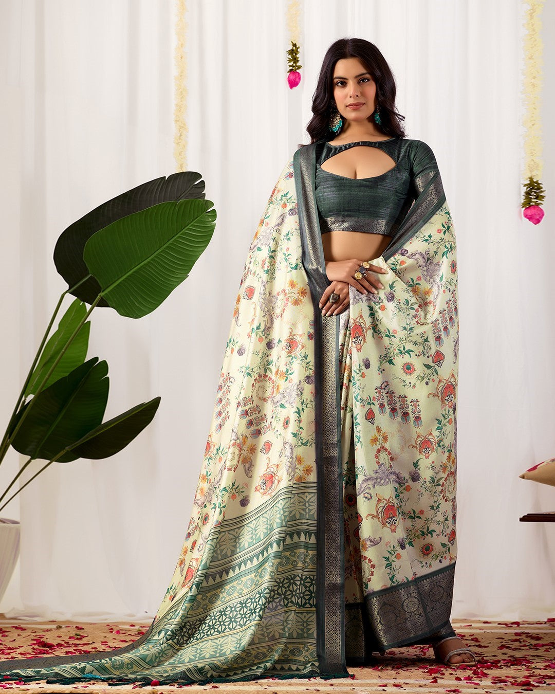 Cream Soft Lichi Silk Saree With Digital Printed Elegant Designer Saree