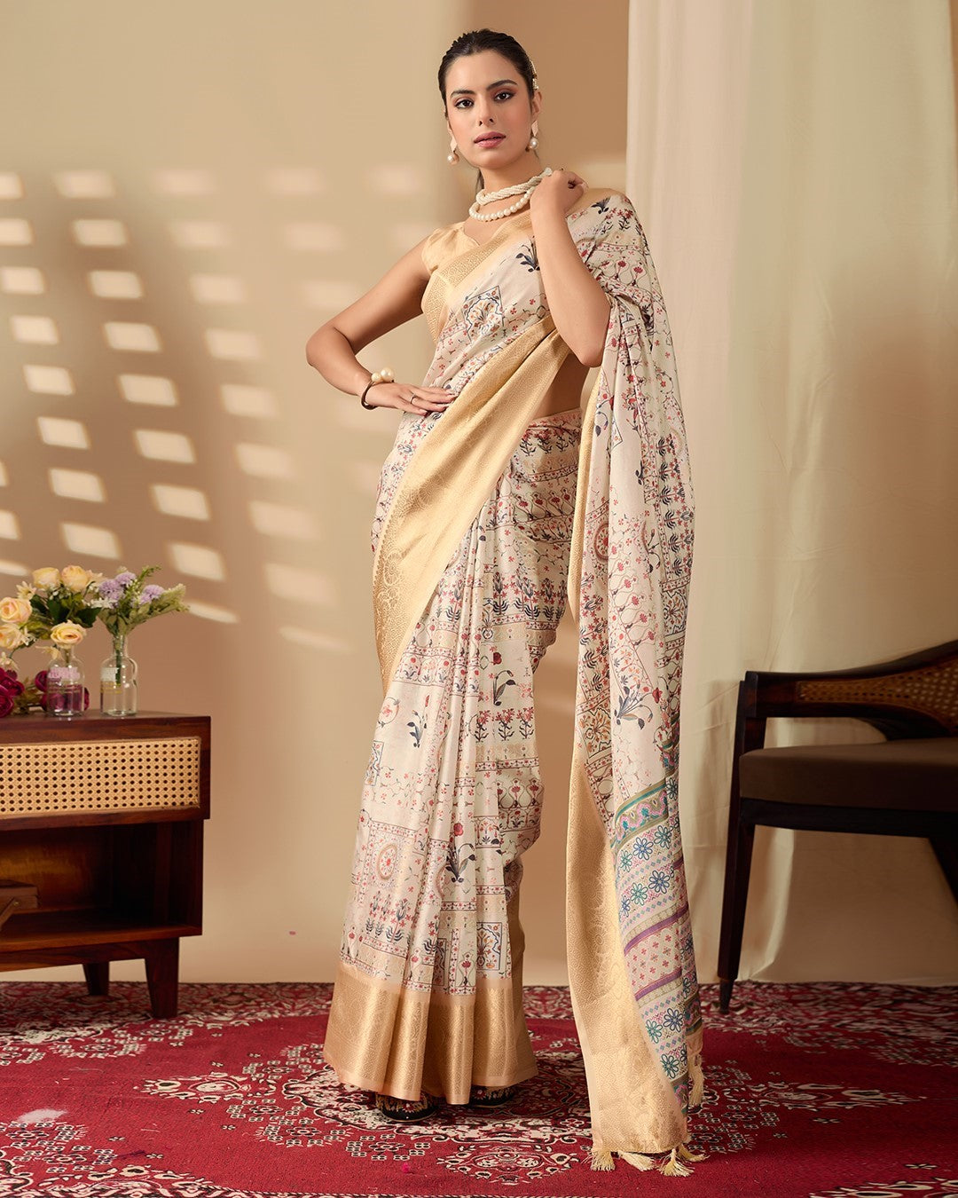 Cream Soft Lichi Silk Saree With Digital Printed Elegant Premium Saree