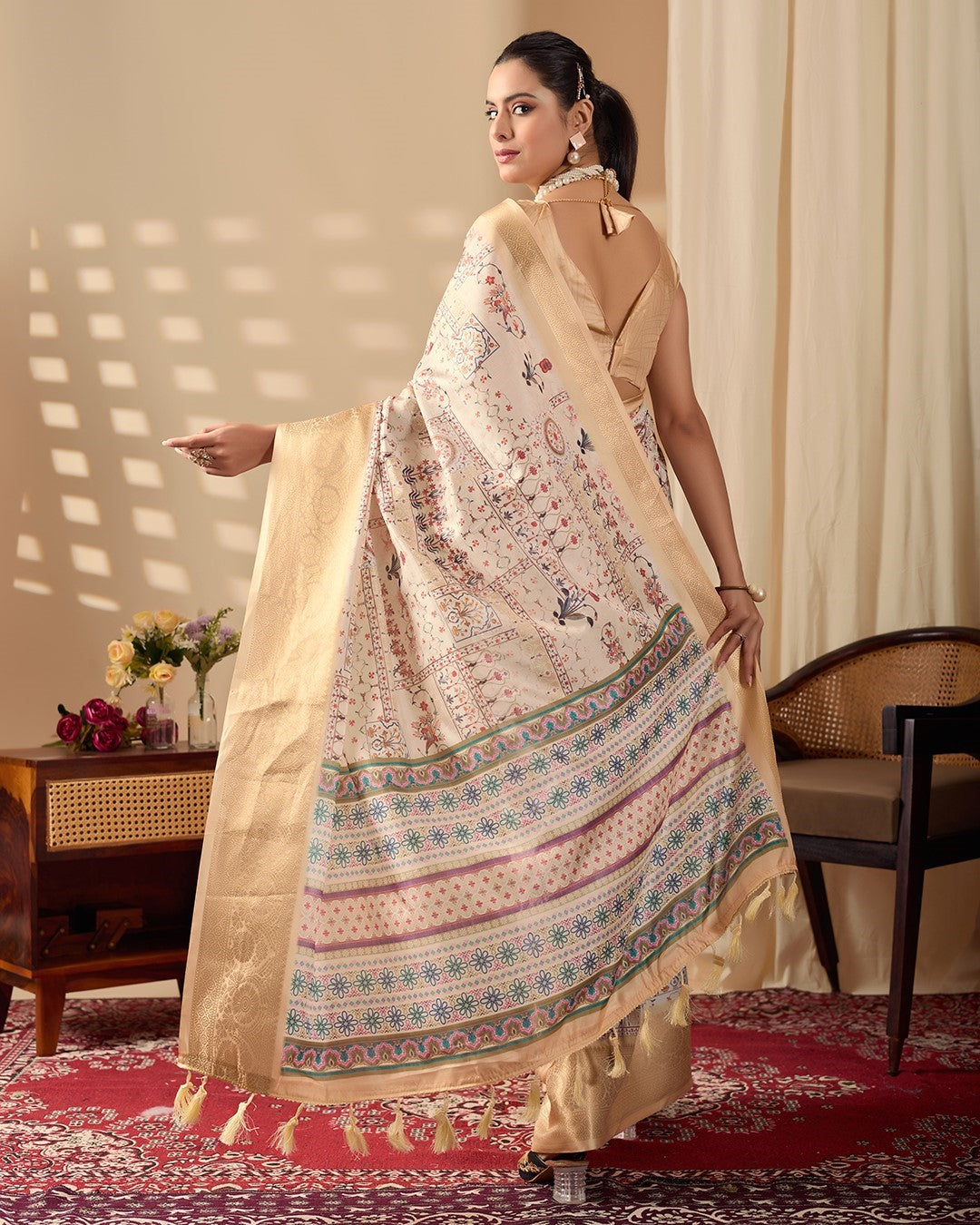 Cream Soft Lichi Silk Saree With Digital Printed Elegant Premium Saree