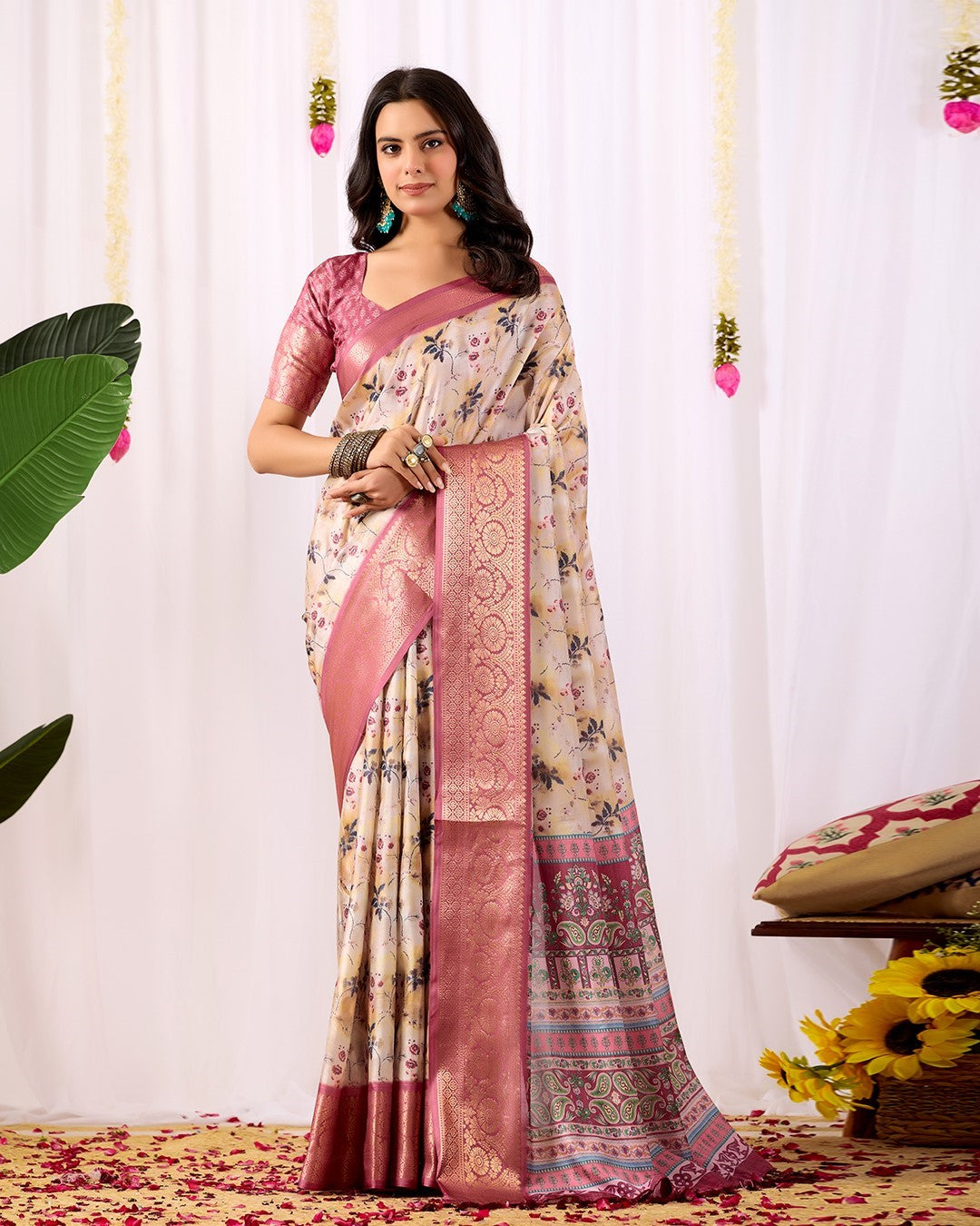Cream Soft Lichi Silk Saree With Digital Printed Premium Traditional Saree