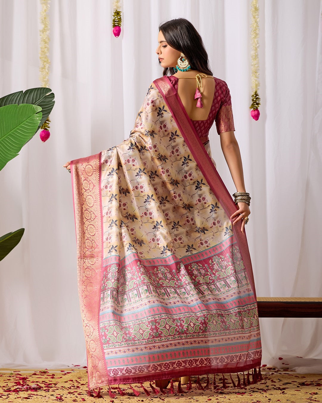 Cream Soft Lichi Silk Saree With Digital Printed Premium Traditional Saree