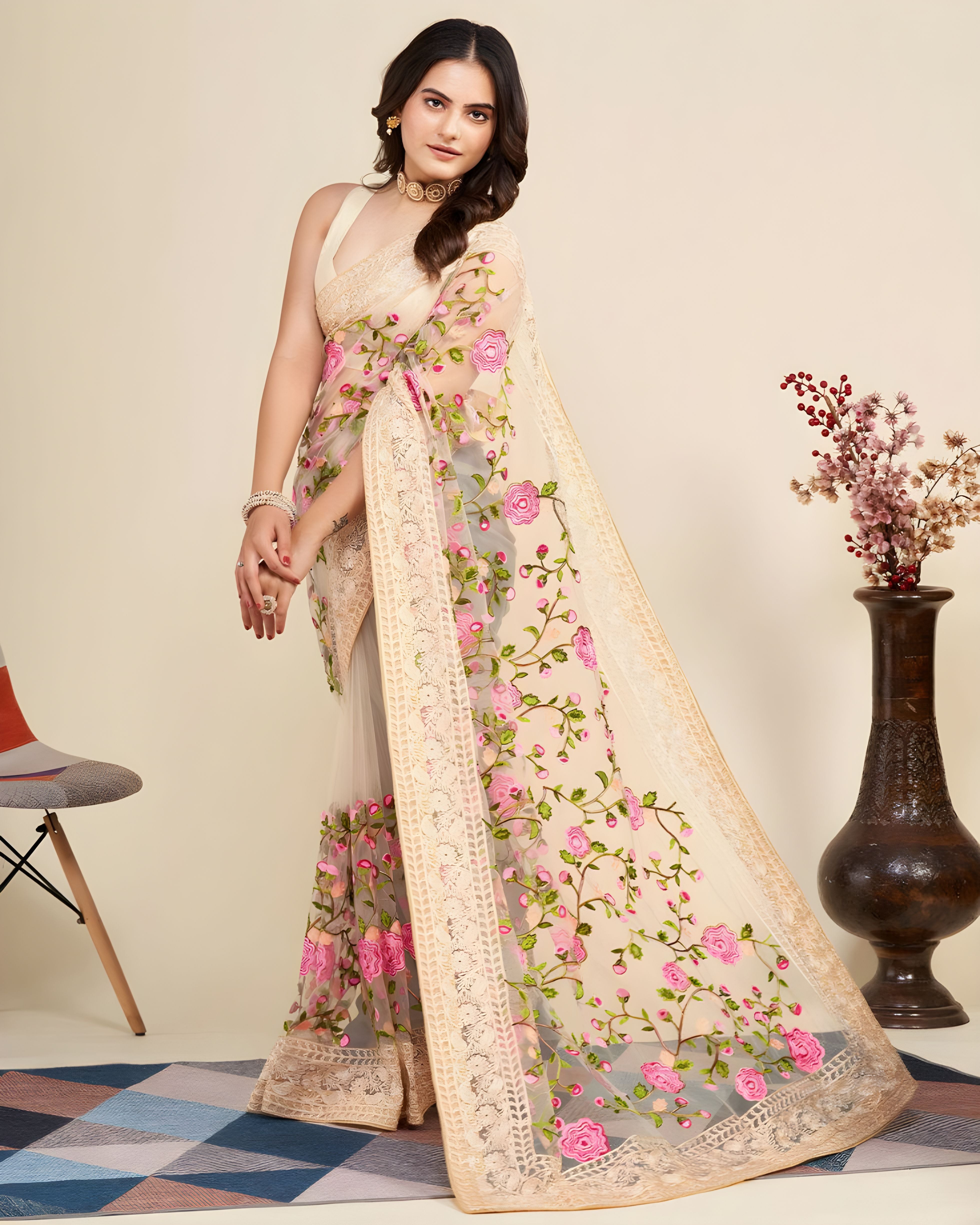 Cream Soft Net Saree with C Pallu Chikankari Embroidery Work