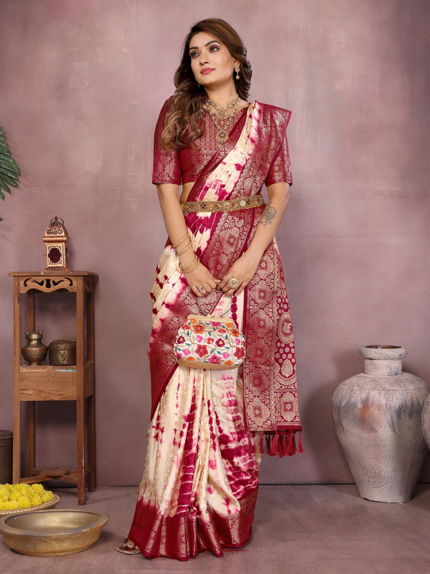 Cream Soft Satin Silk Saree With Classic Sibory Zari Border