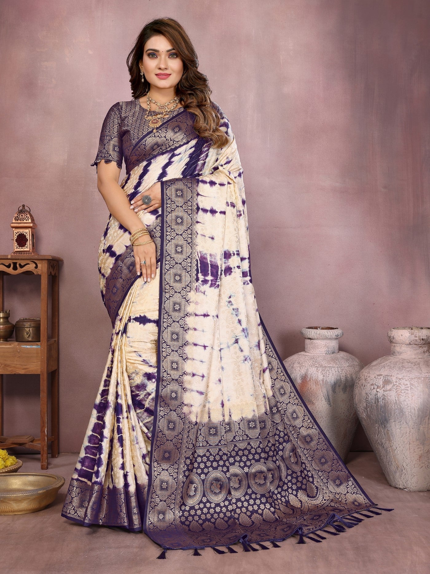 Cream Soft Satin Silk Saree With Premium Sibory Zari Border