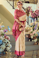 Cream Soft Silk Saree With  Jacquard Woven Work