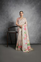 Cream Soft Tussar Silk Saree with Print and Small Zari Border