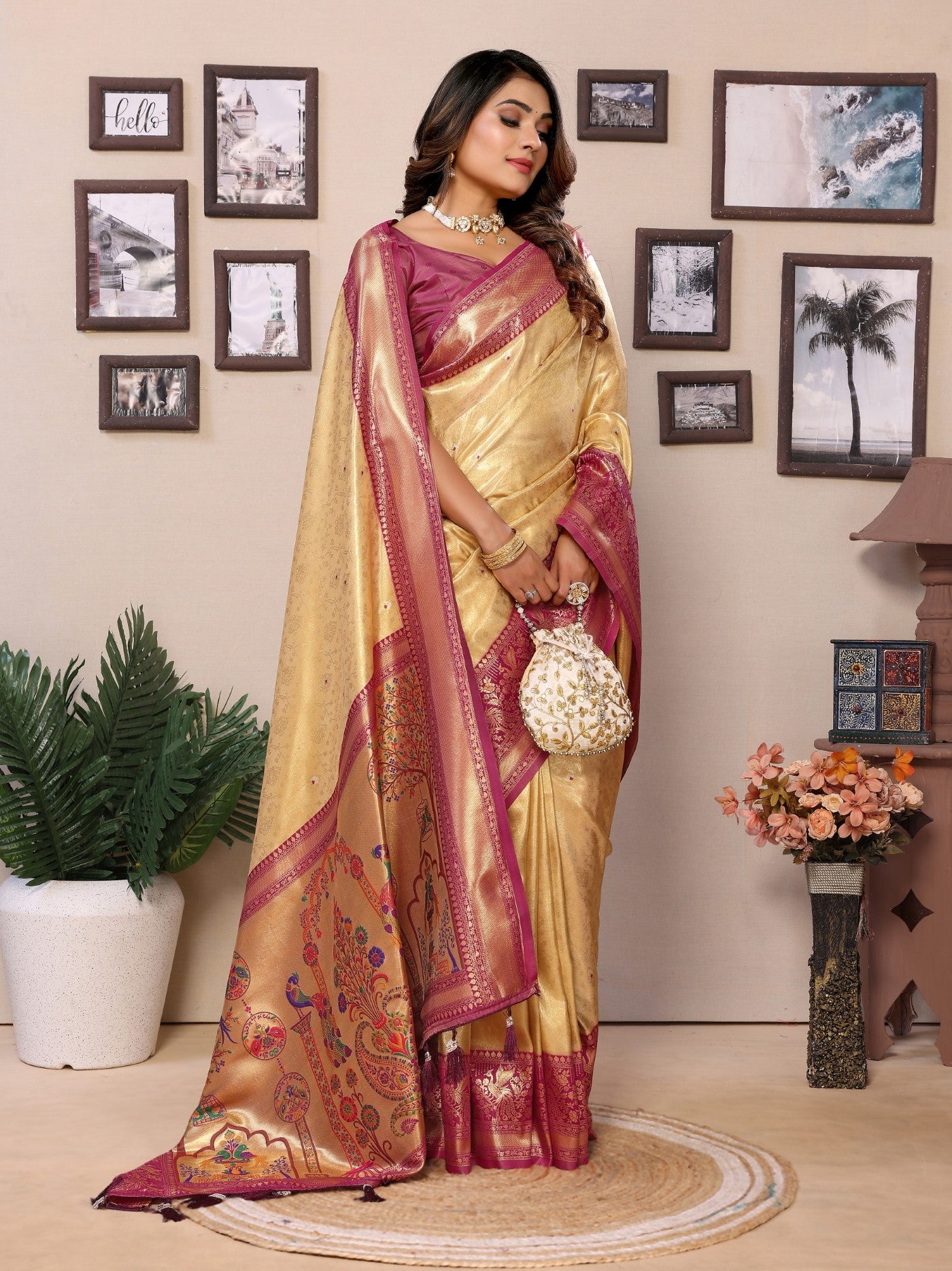 Cream Tissue Silk Saree With Classic Weaving