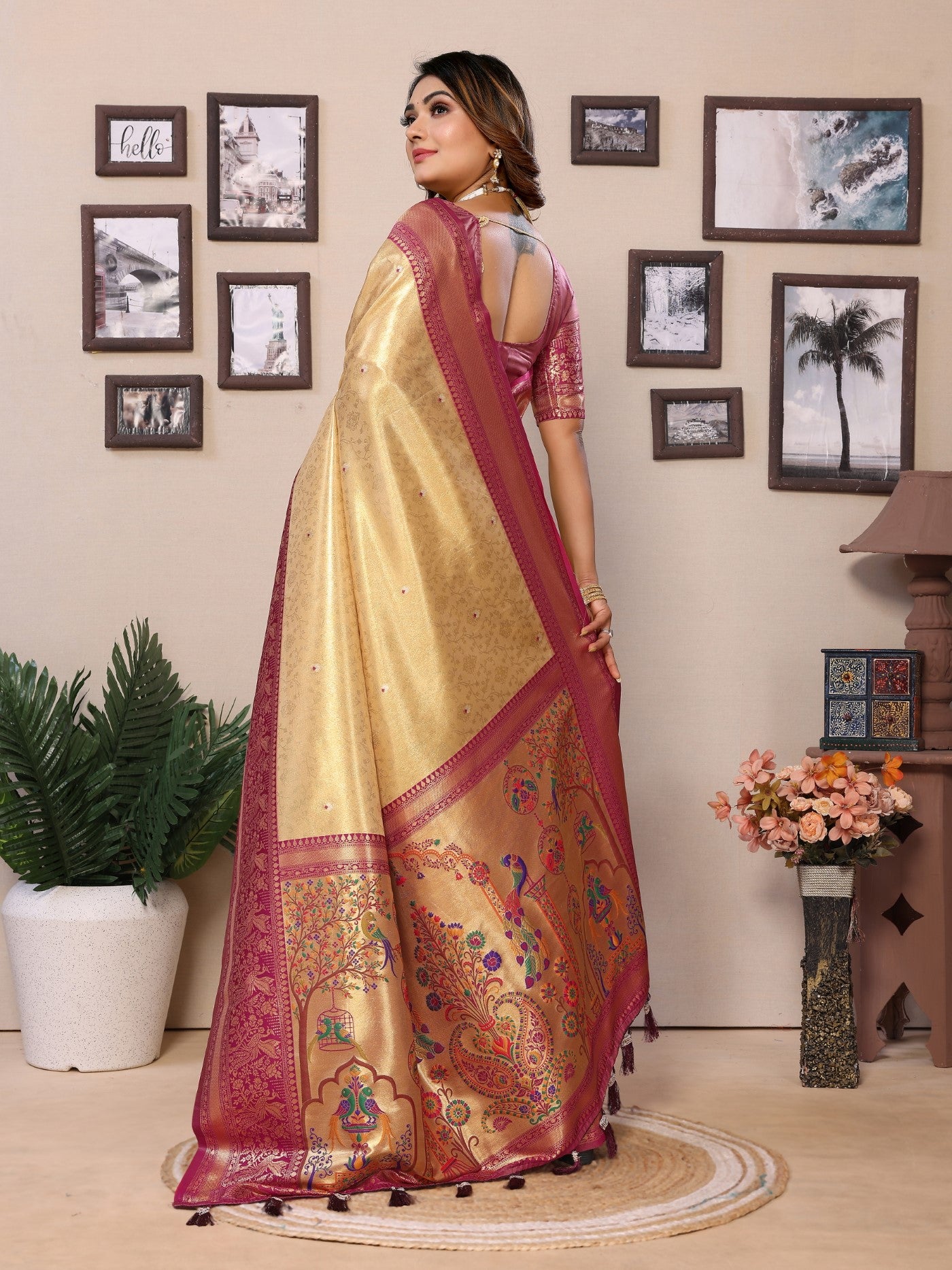 Cream Tissue Silk Saree With Classic Weaving