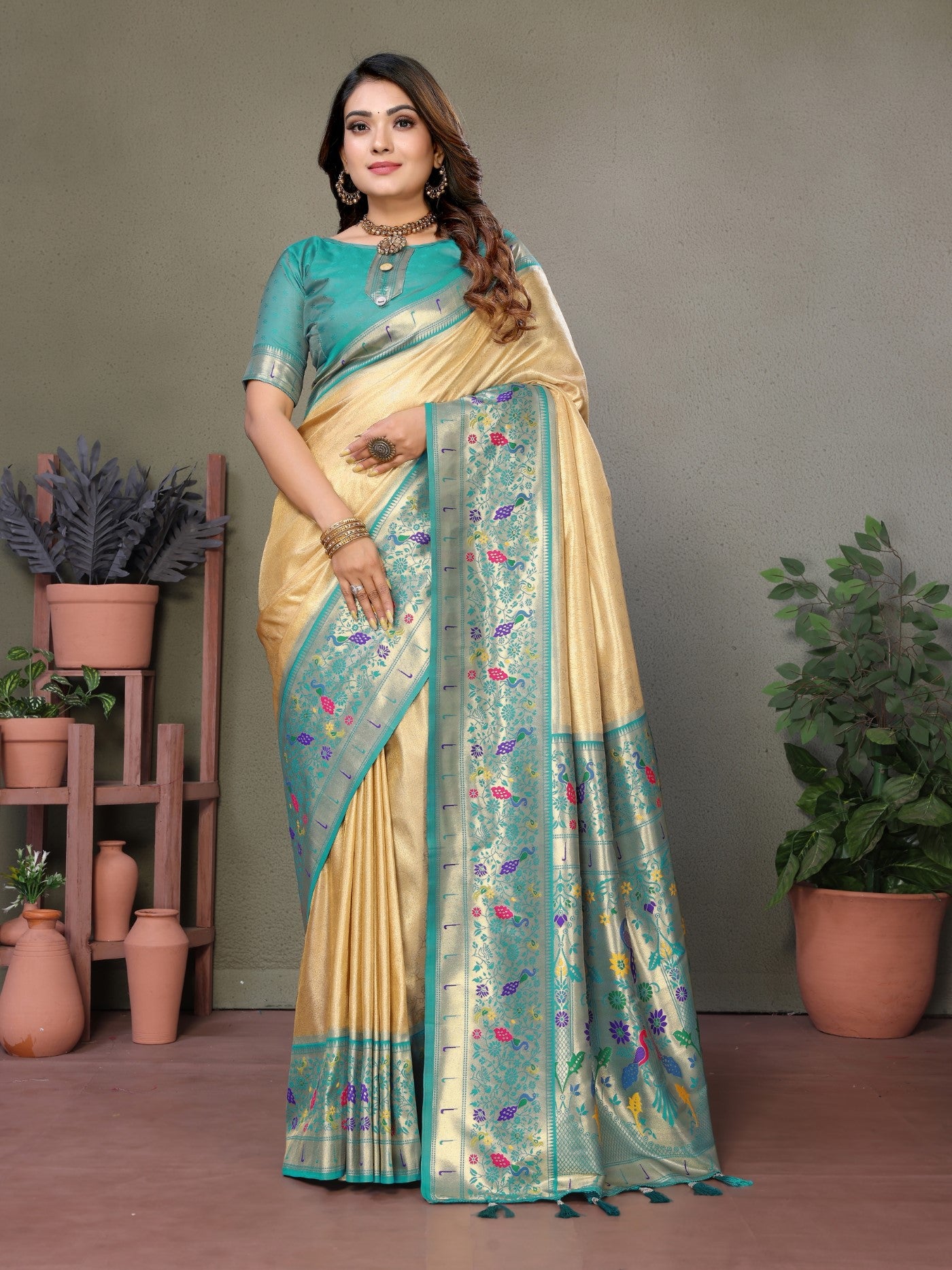 Cream Tissue Silk Saree With Paithani Woven
