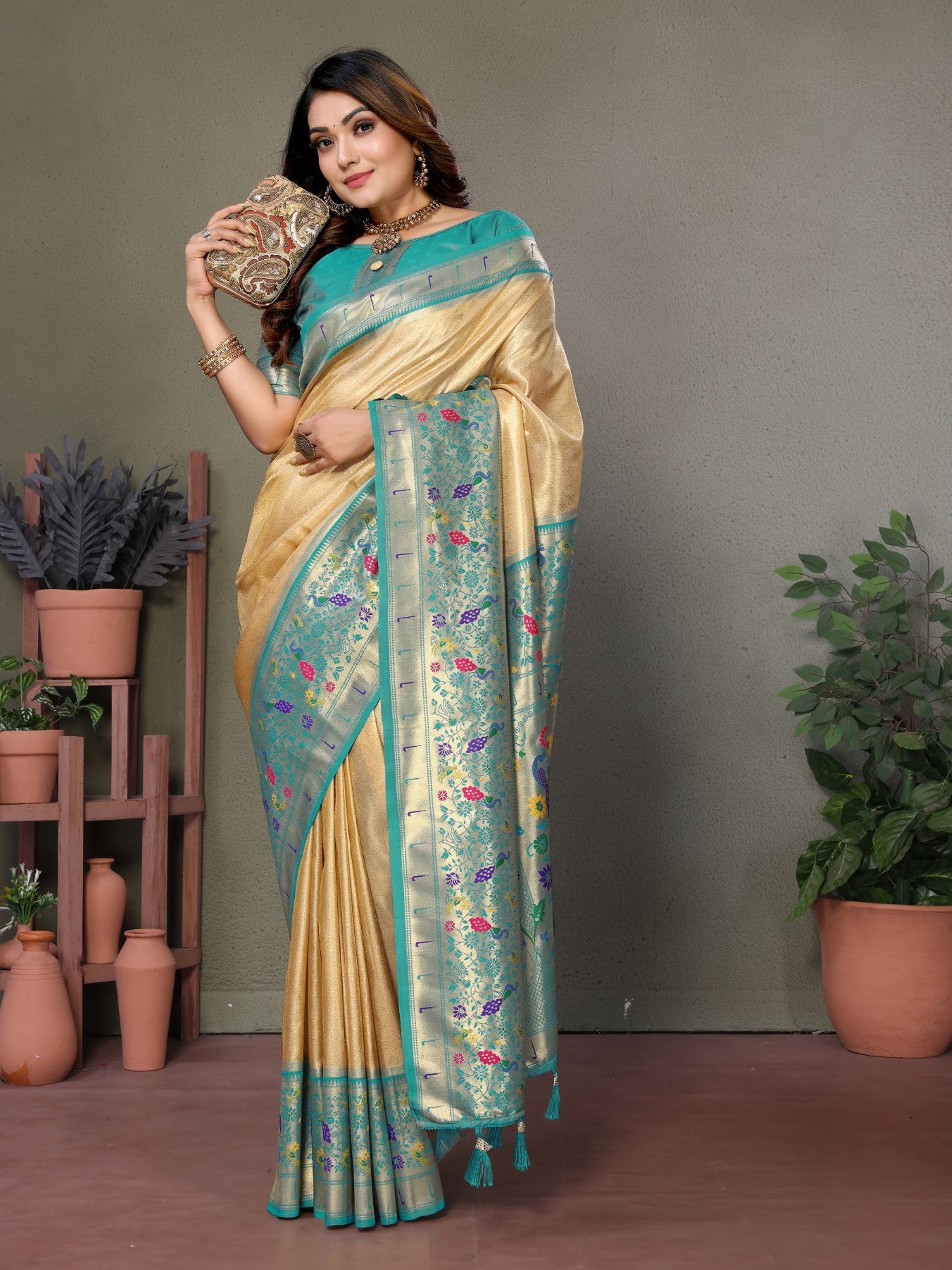 Cream Tissue Silk Saree With Paithani Woven