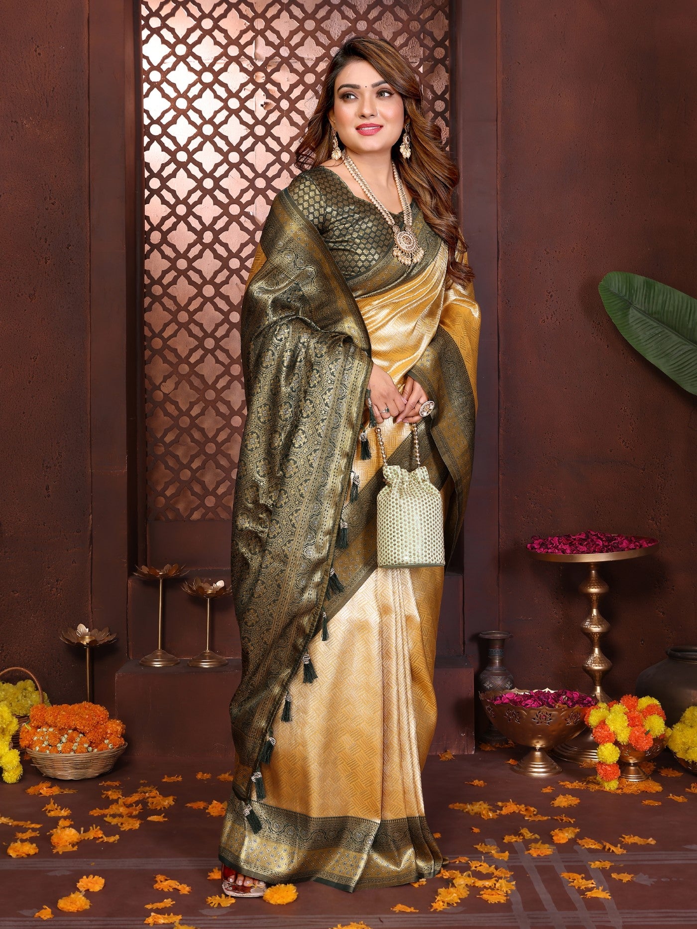 Cream Tissue Silk Saree With Traditional Woven