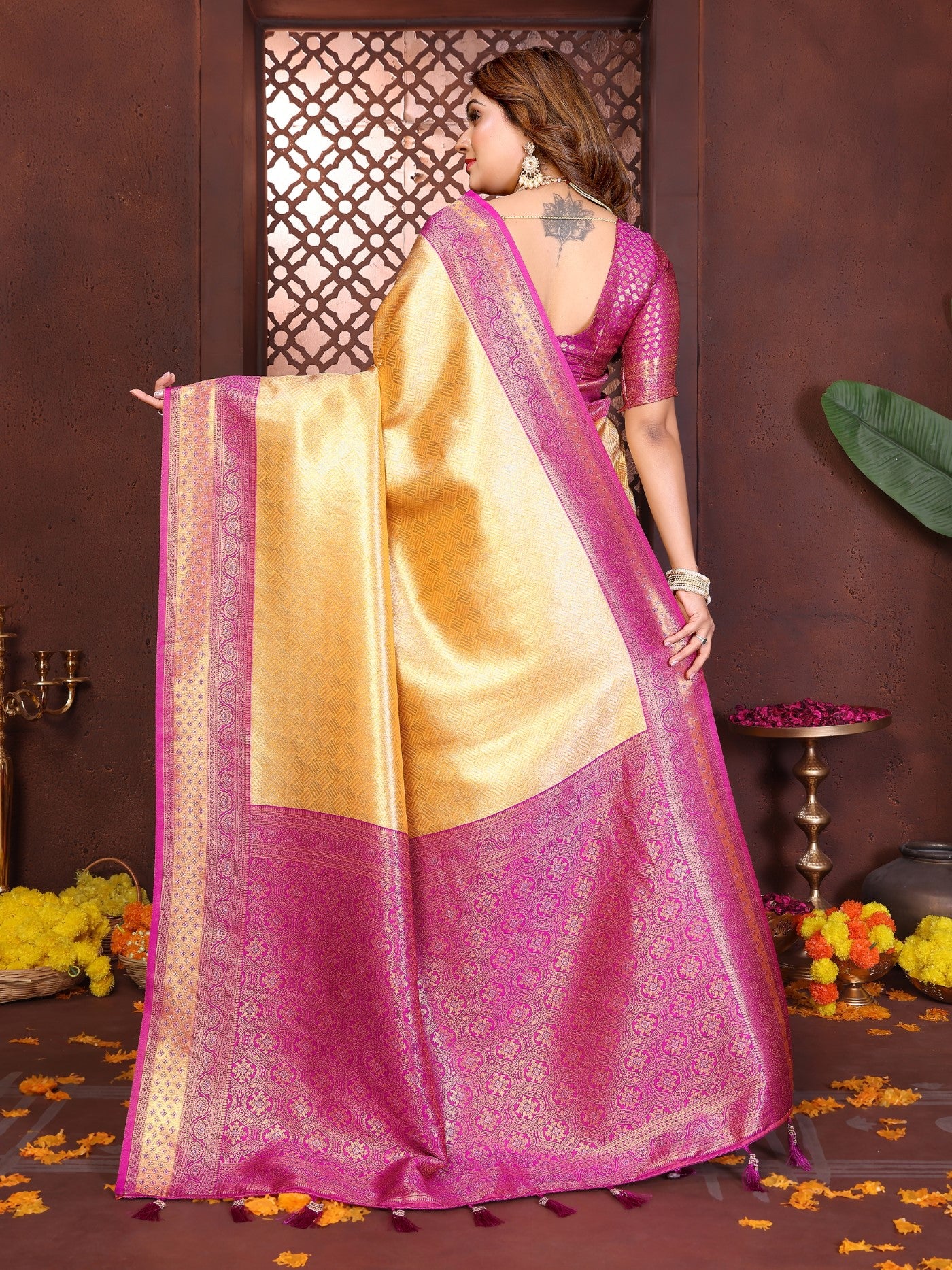 Cream Tissue Silk Saree With Traditional Woven