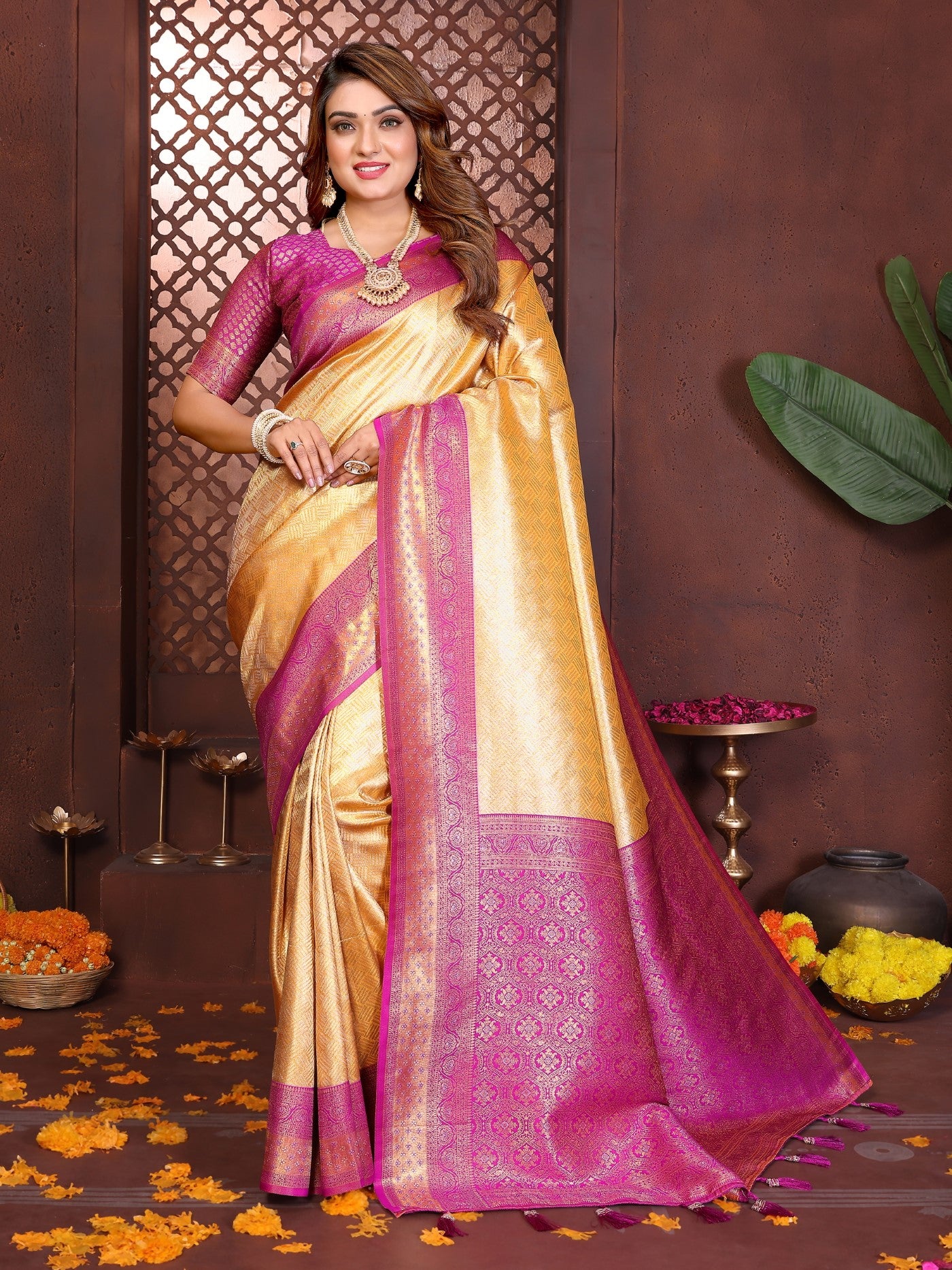 Cream Tissue Silk Saree With Traditional Woven