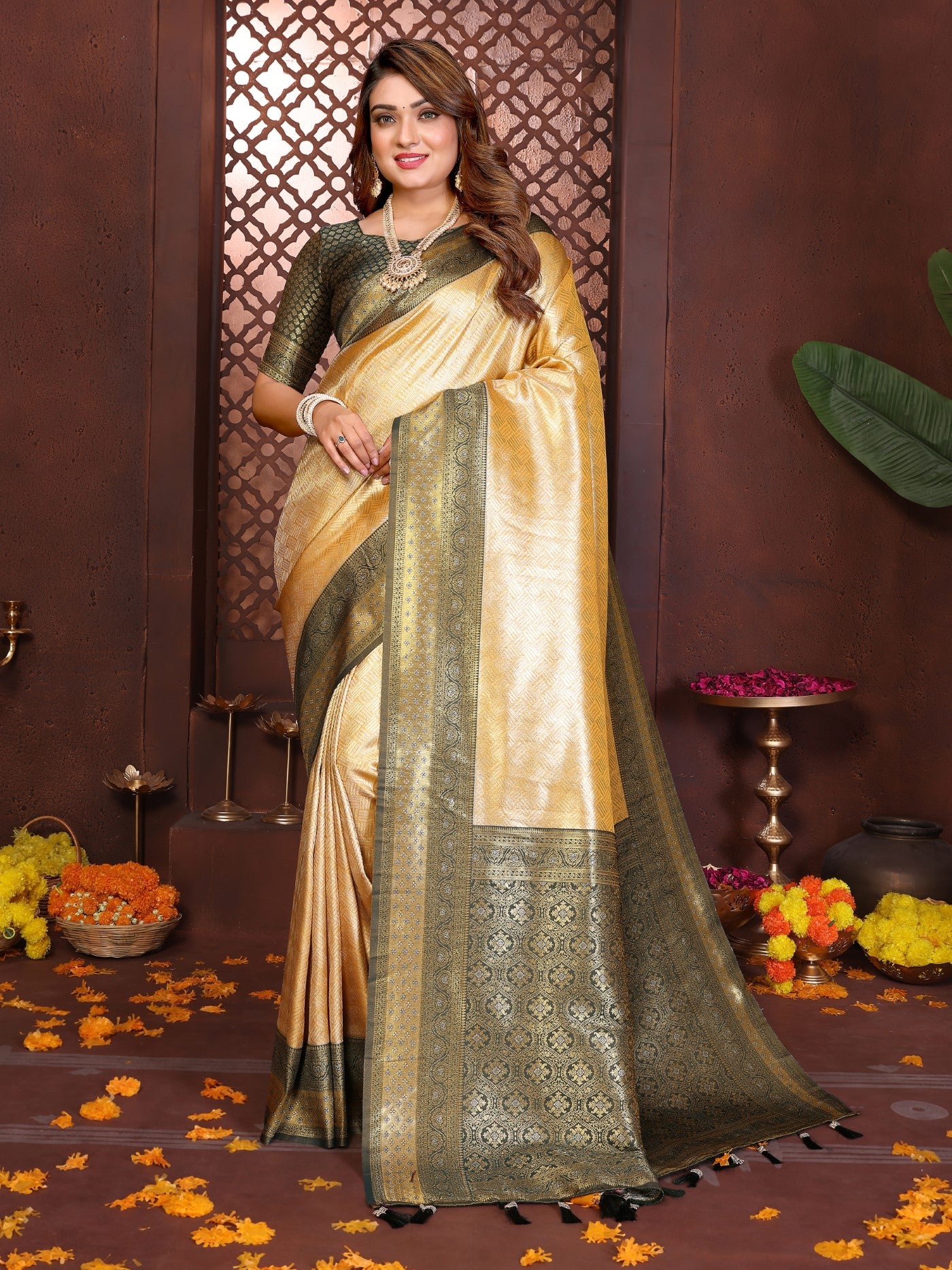 Cream Tissue Silk Saree With Traditional Woven