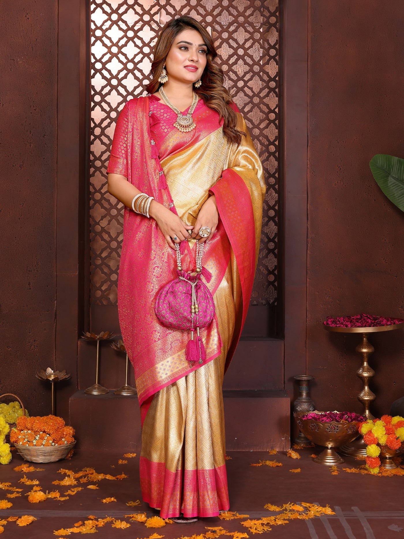 Cream Tissue Silk Saree With Traditional Woven