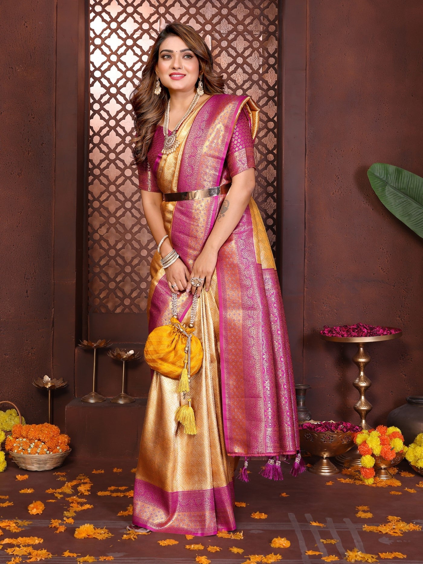 Cream Tissue Silk Saree With Traditional Woven