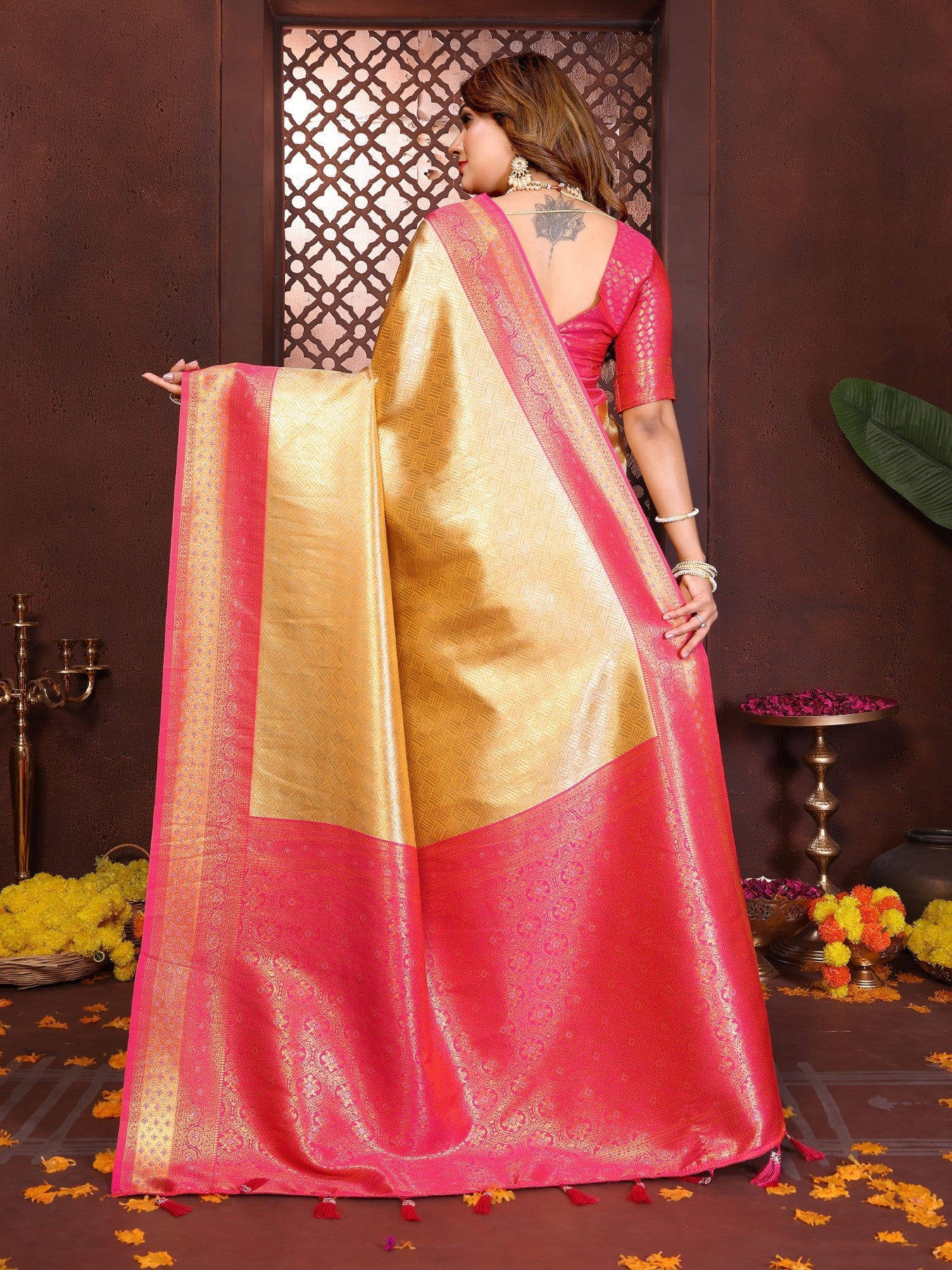 Cream Tissue Silk Saree With Traditional Woven