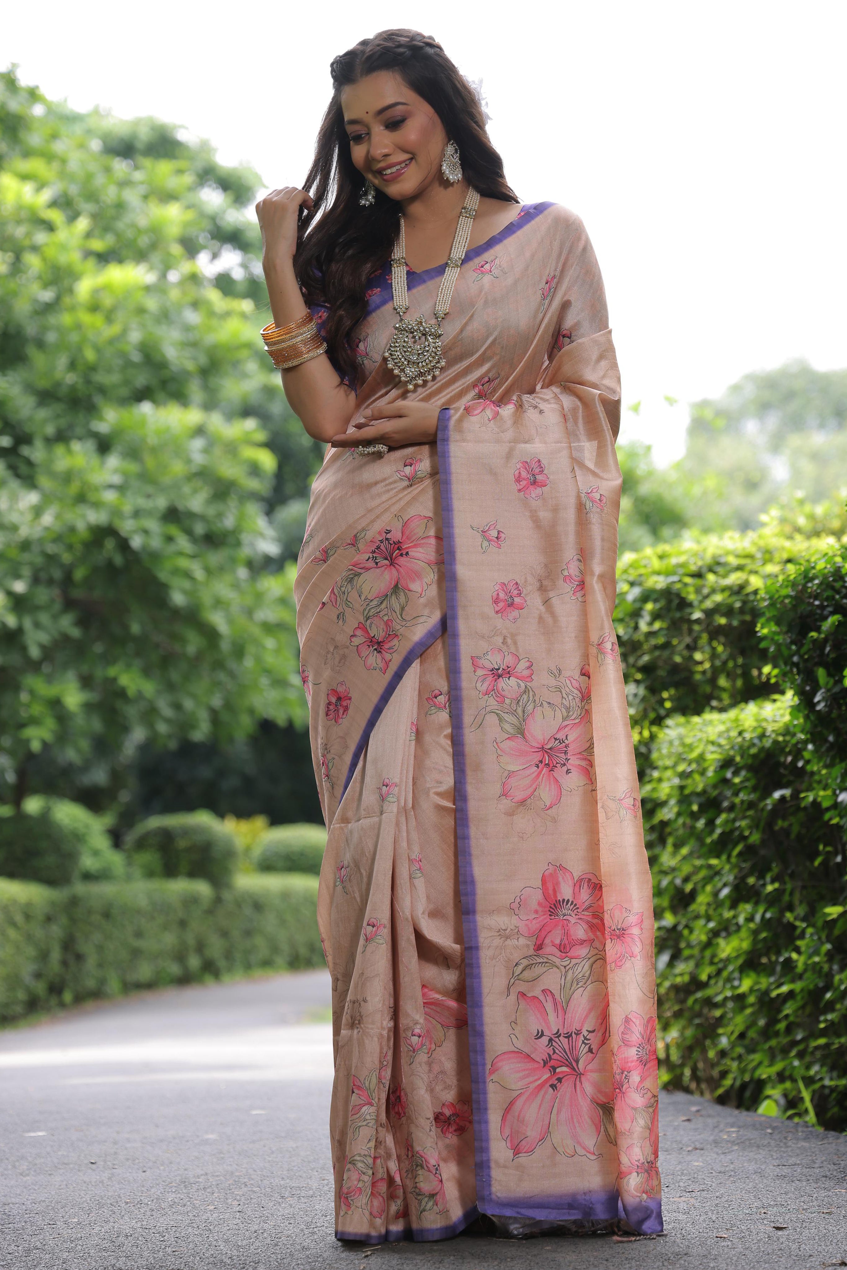 Cream Tussar Silk Saree with Sophisticated Floral Printed Design