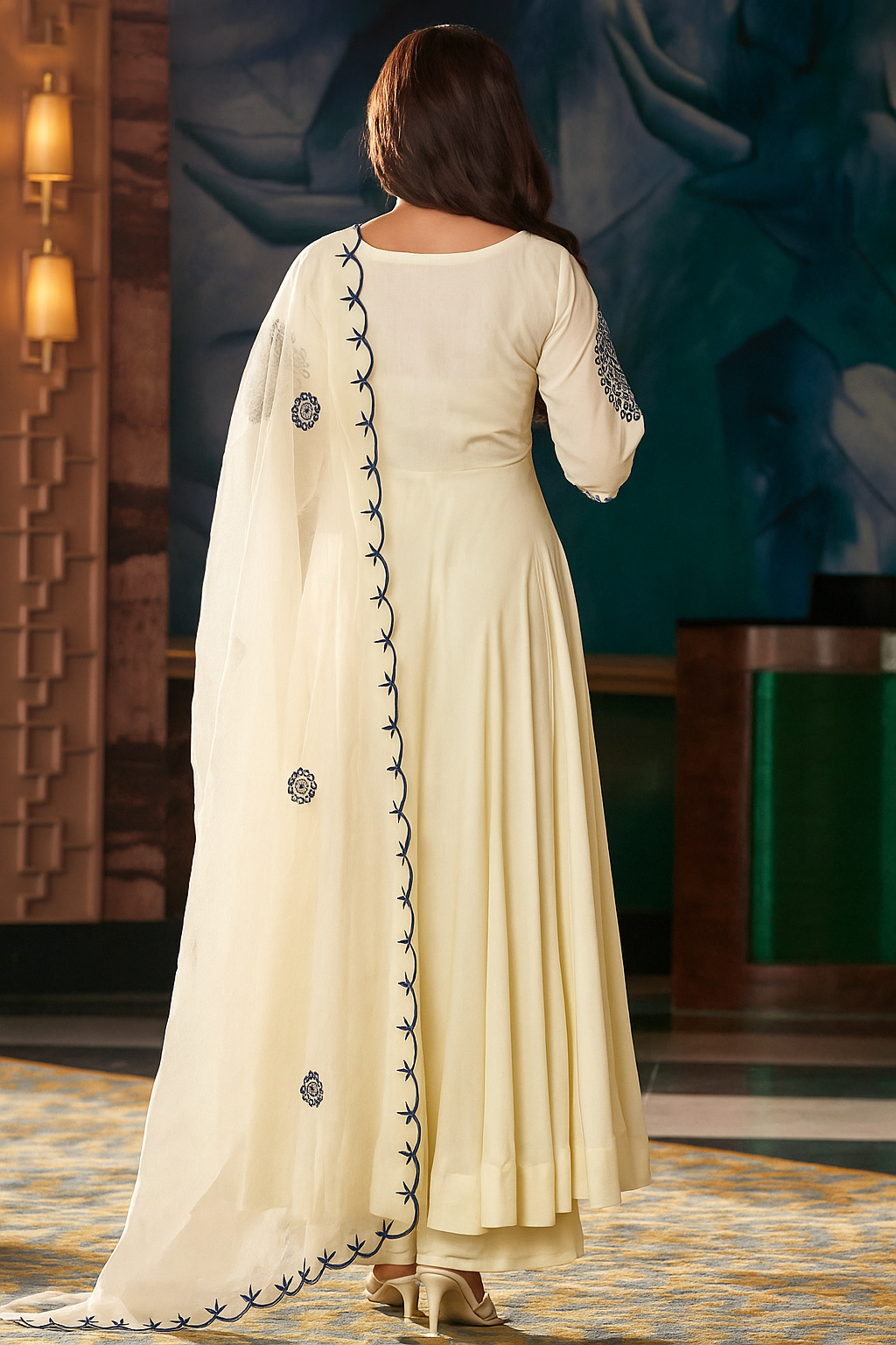 Cream Vichitra Silk Kurta Pant Set With Heavy Thread Embroidery Work On Sleeve