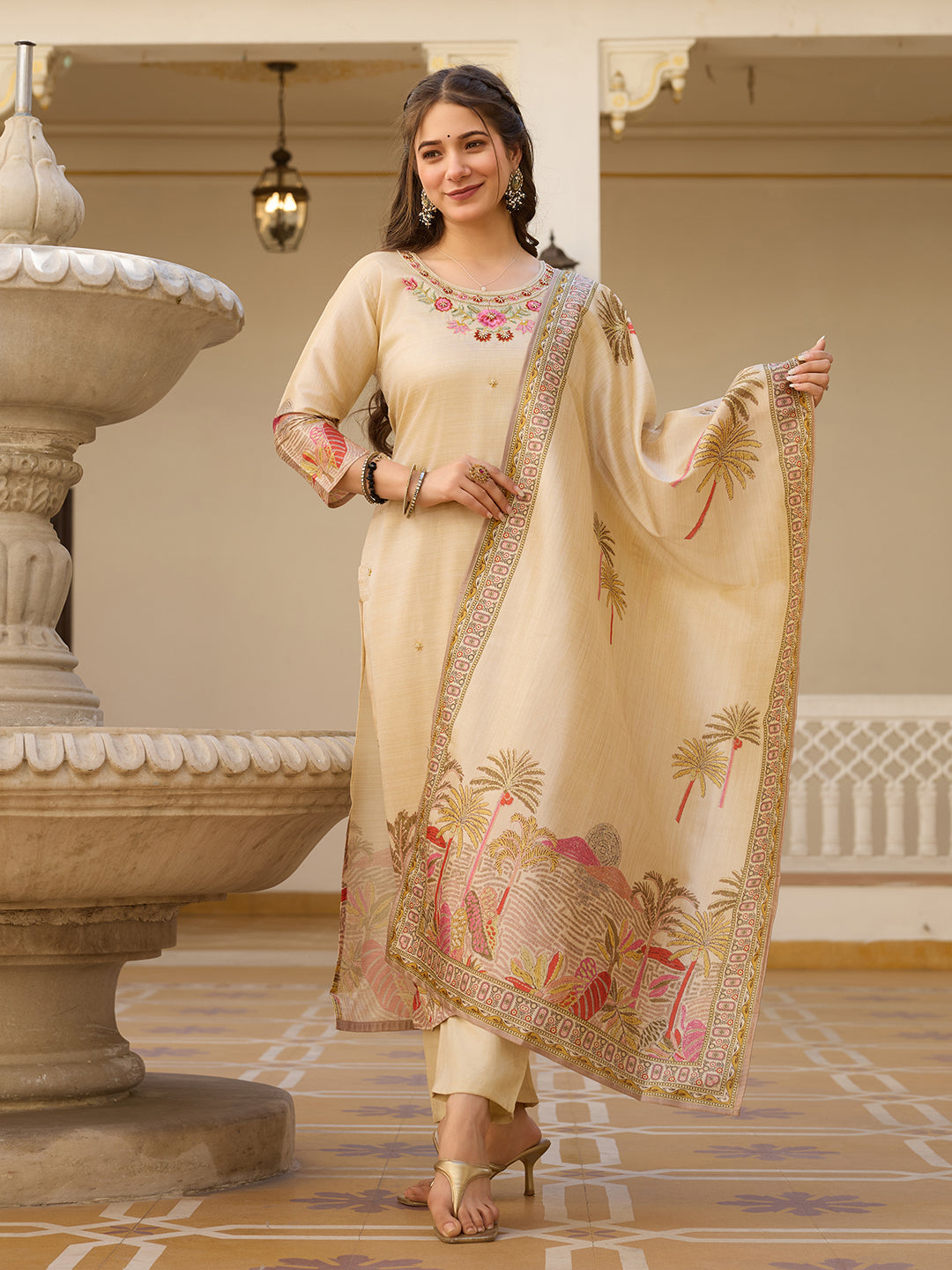 Cream Viscose Assam Silk Elegant Kurta Pant Set With Print