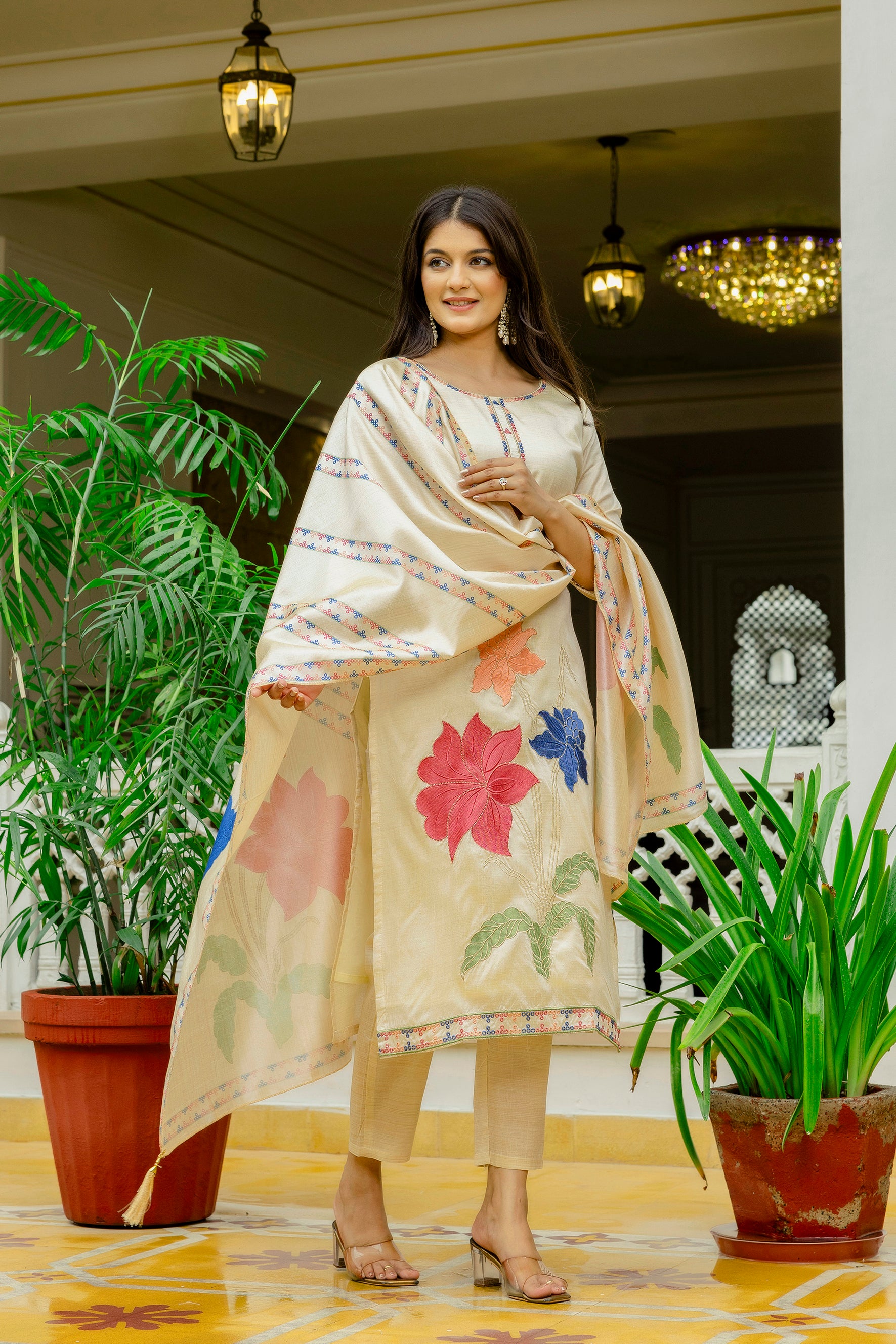Cream Viscose Assam Silk Kurta Pant Set With Thread Embroidered Work With Printed Dupatta