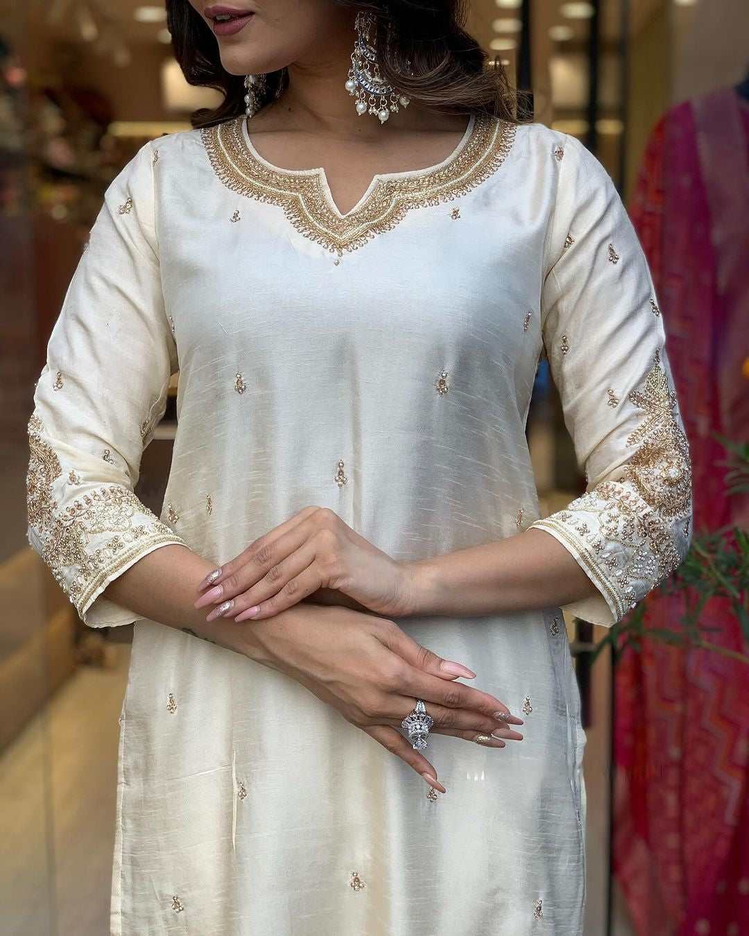Cream Viscose Chanderi Kurta Pant With Heavy Thread Embroidery Work