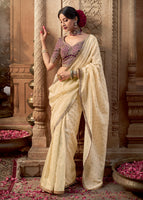 Cream Viscose Crepe Saree with Butti Weaving and Embroidered Blouse