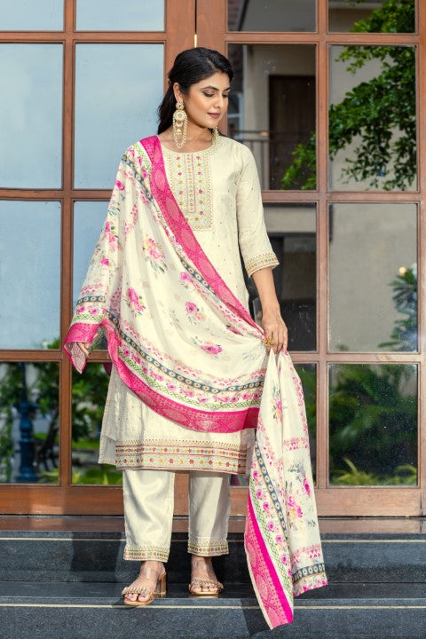 Cream Viscose Jacquard Kurta Pant With Thread Embroidery Work