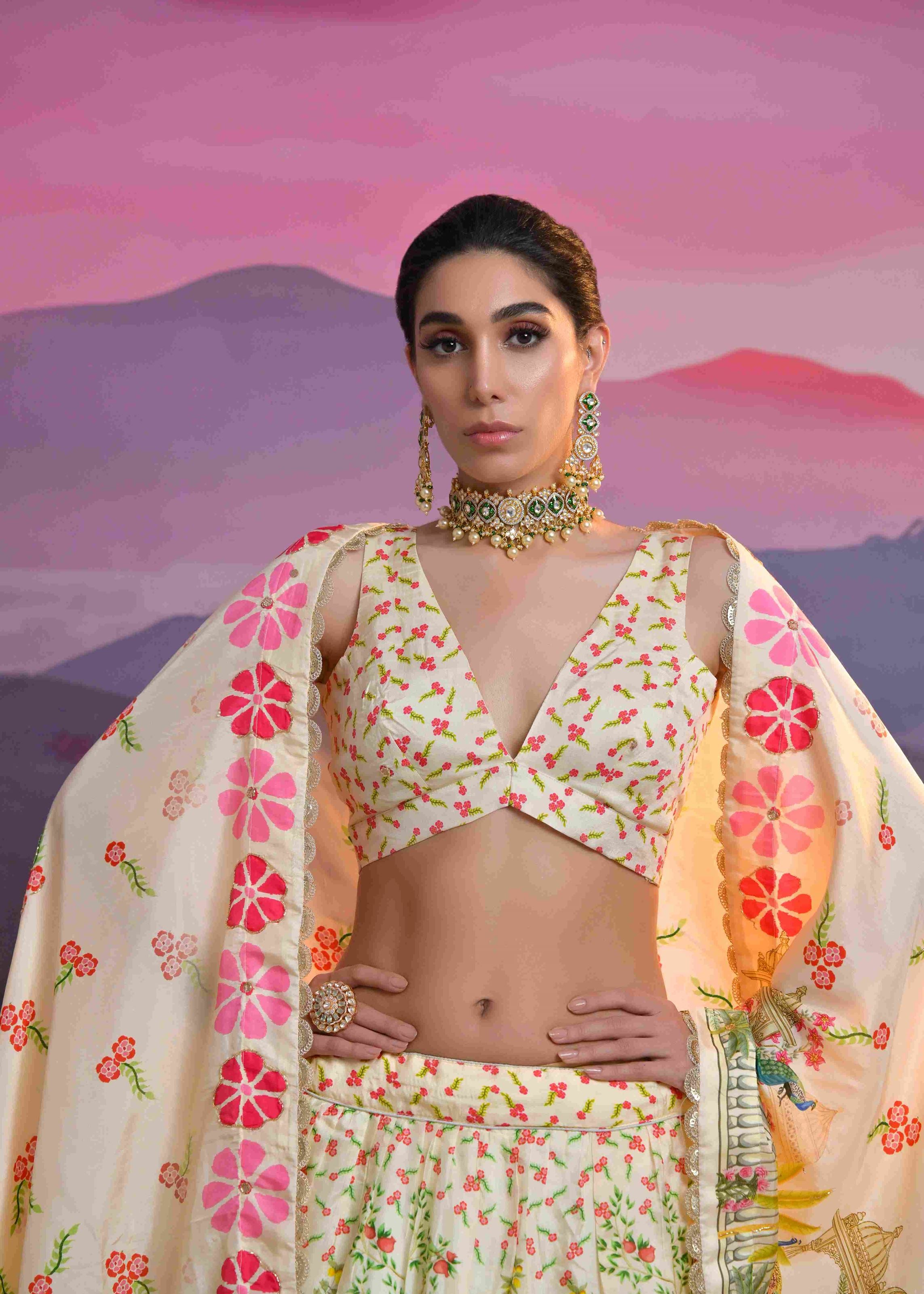 Cream Viscose Russian Lehenga Choli With Print With Zardosi, Cutdana, Sequins With Gota Patti Work