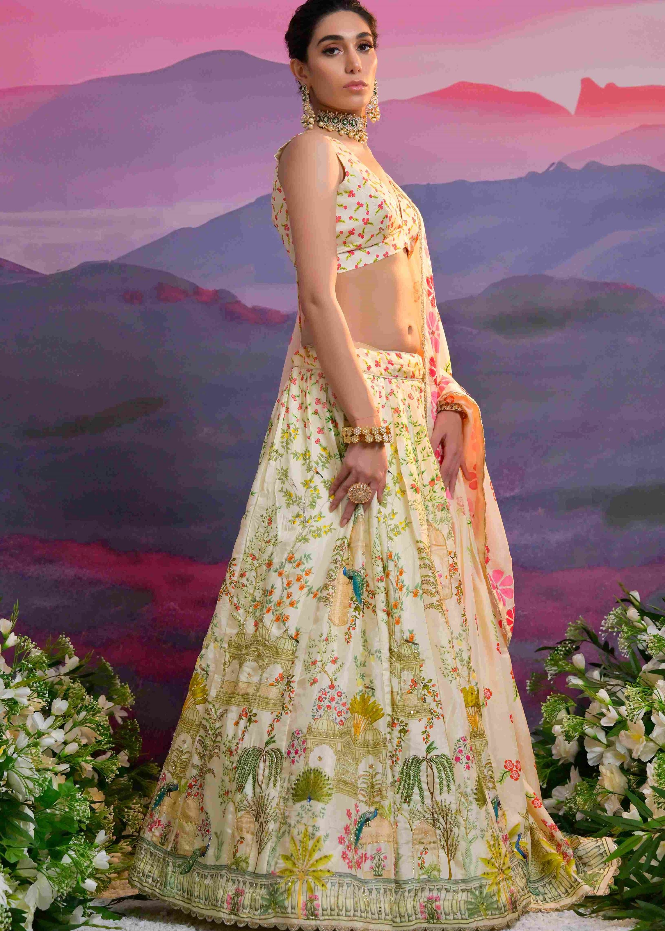 Cream Viscose Russian Lehenga Choli With Print With Zardosi, Cutdana, Sequins With Gota Patti Work