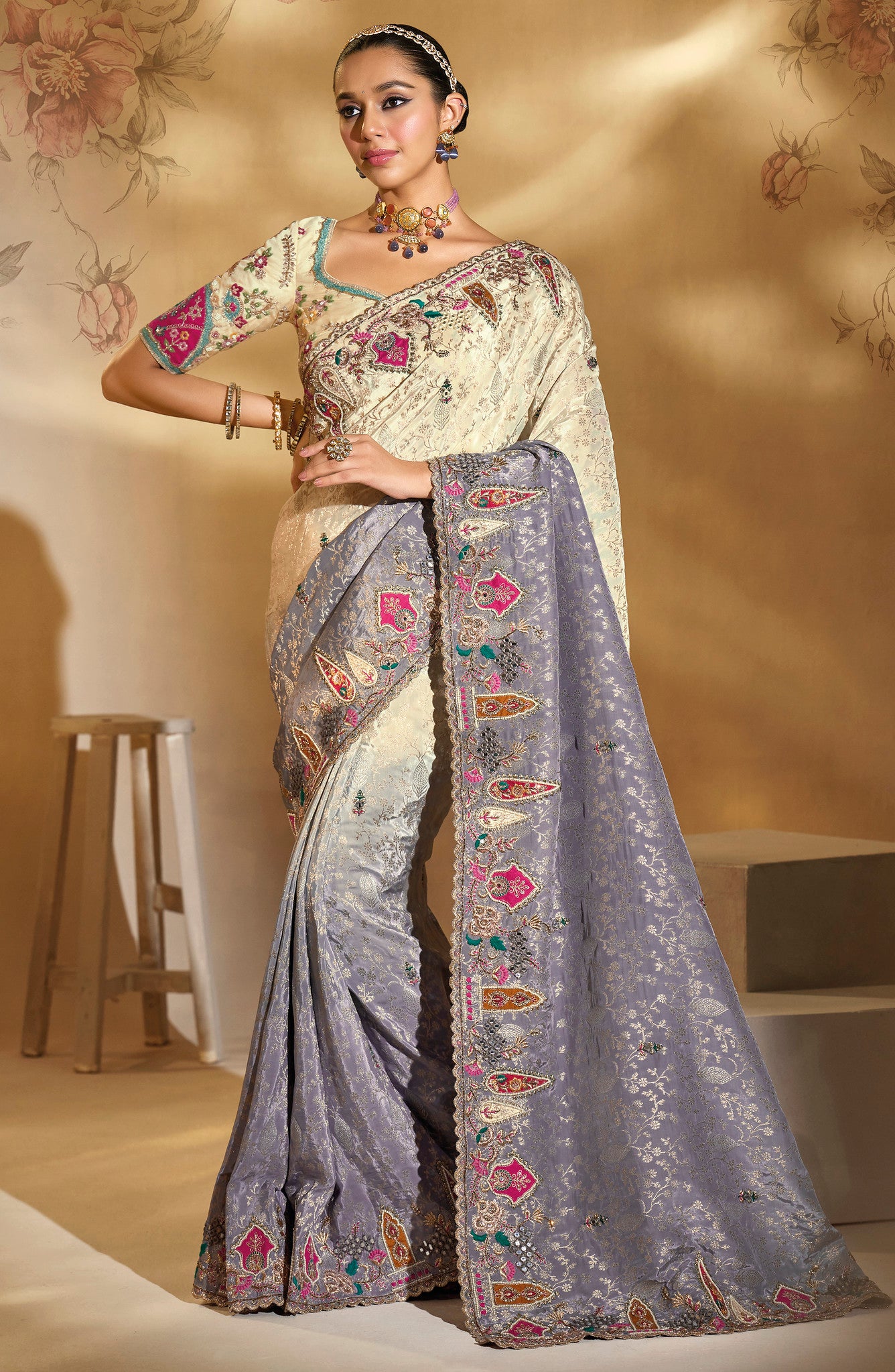 Cream & Grey Saree With  Jari, Thread, Moti, Cut-Dana With Mirror Heavy Work