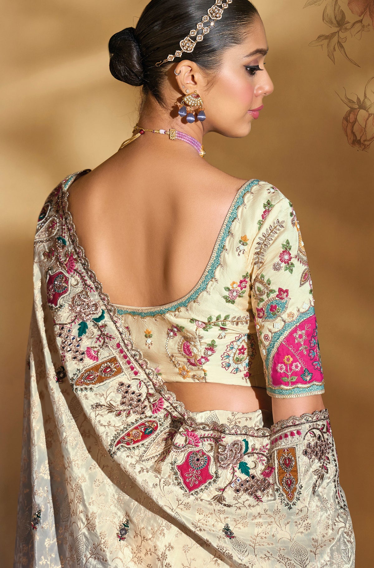 Cream & Grey Saree With  Jari, Thread, Moti, Cut-Dana With Mirror Heavy Work