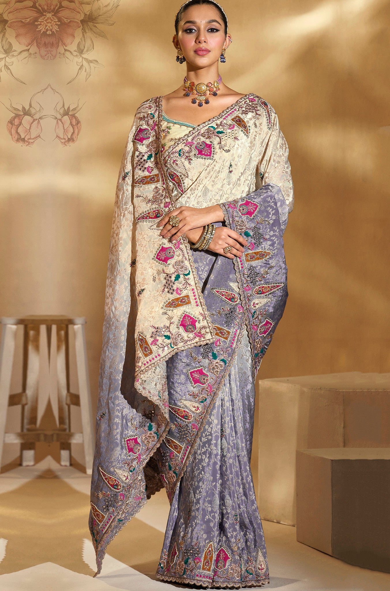 Cream & Grey Saree With  Jari, Thread, Moti, Cut-Dana With Mirror Heavy Work