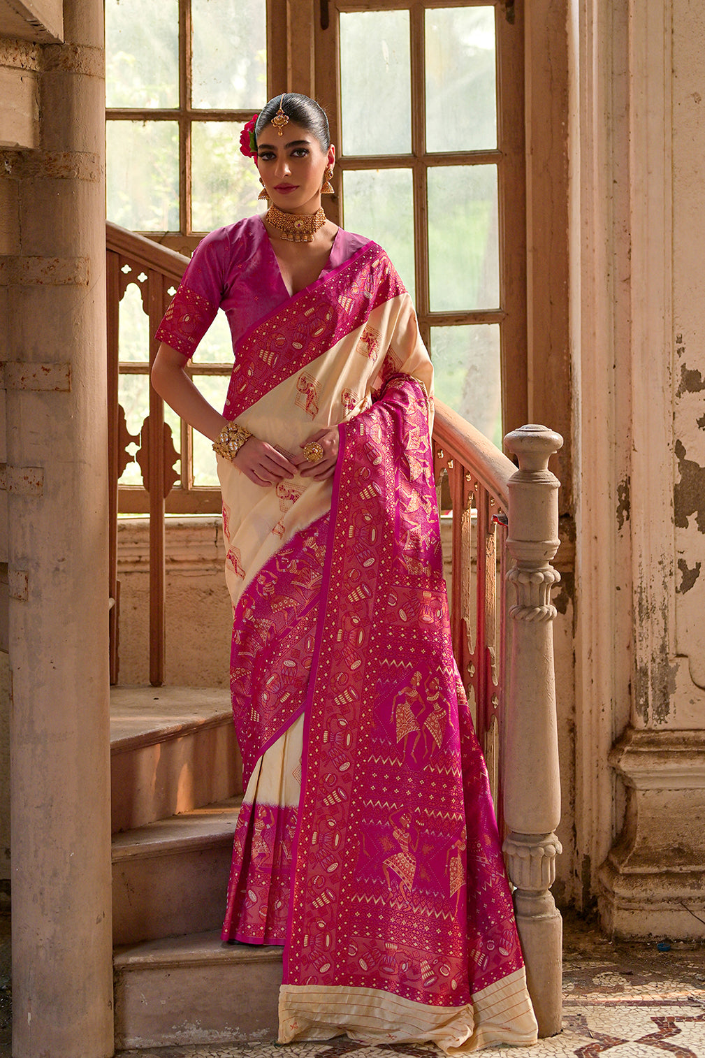 Cream & Pink Banarasi Silk Saree with Kalamkari Zari Design