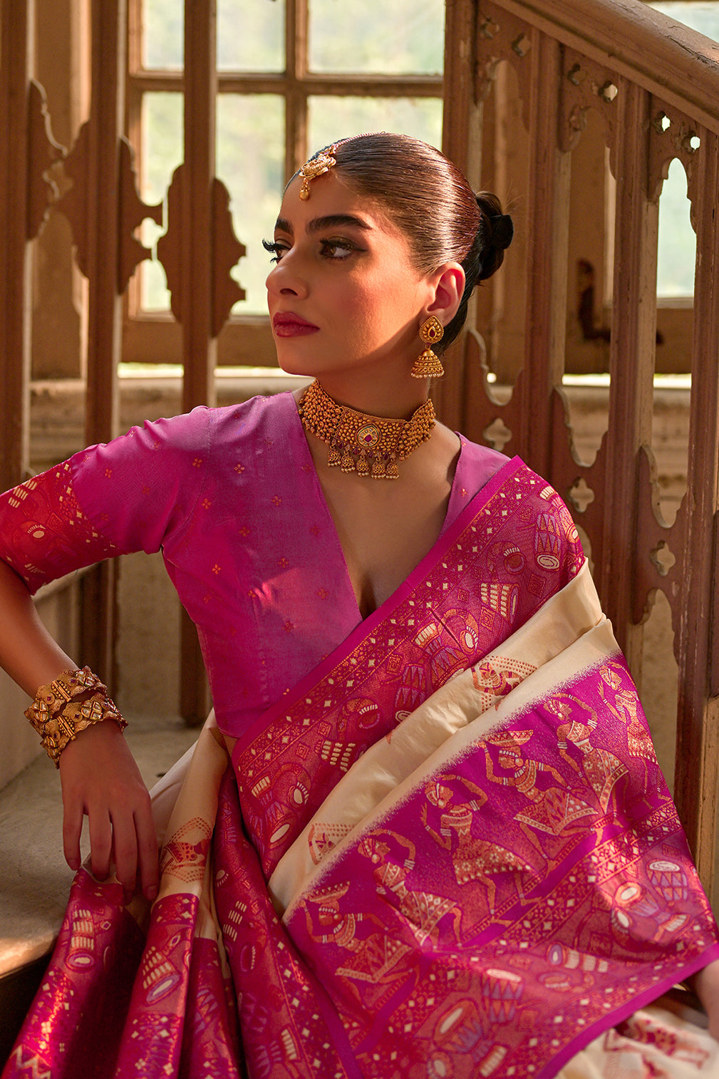 Cream & Pink Banarasi Silk Saree with Kalamkari Zari Design