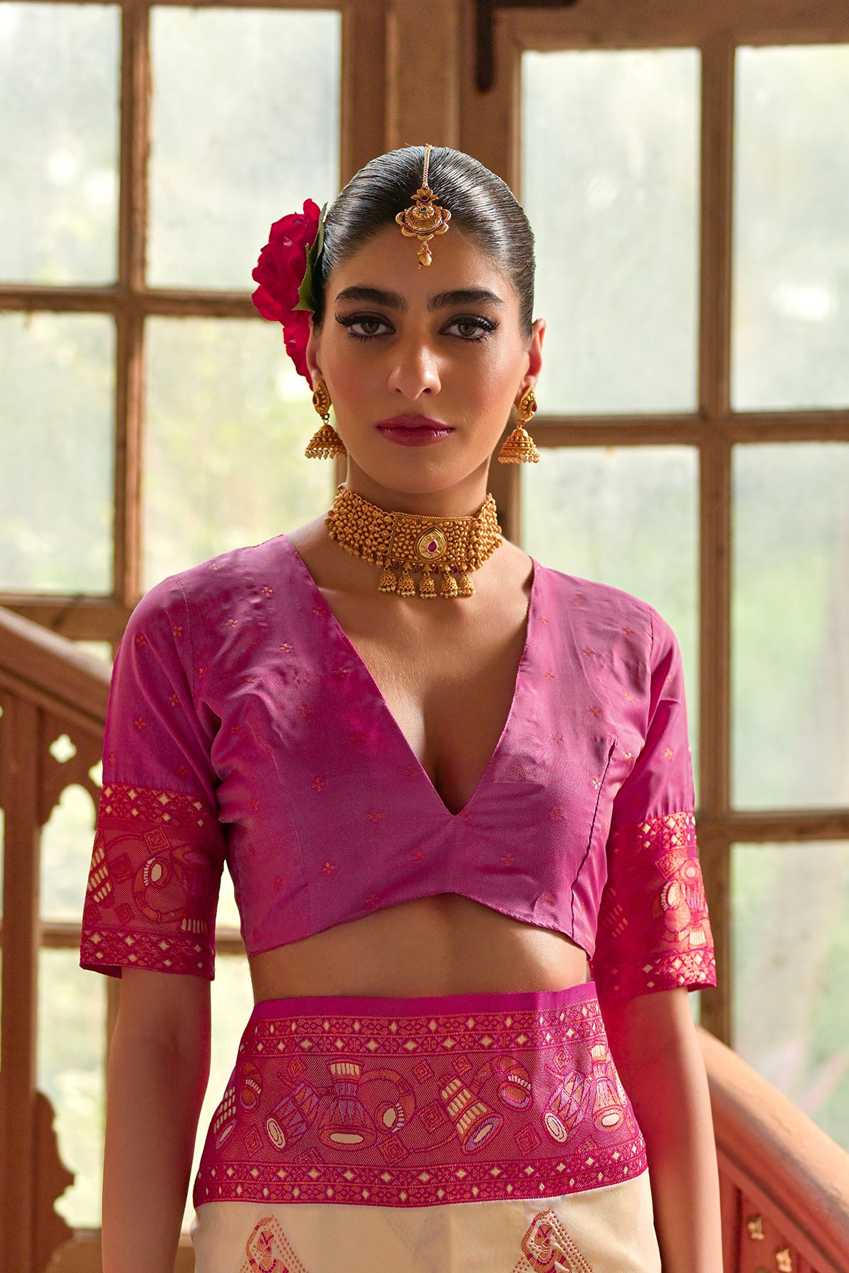 Cream & Pink Banarasi Silk Saree with Kalamkari Zari Design