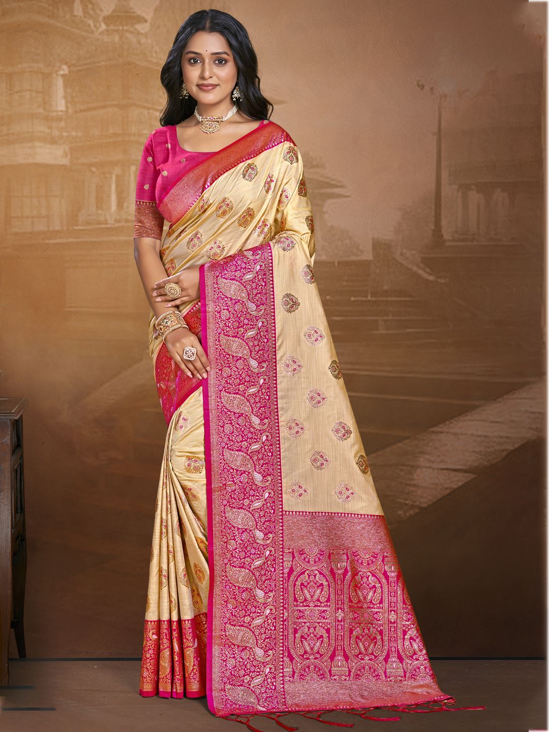 Creamy Beige and Petal Pink Silk Saree