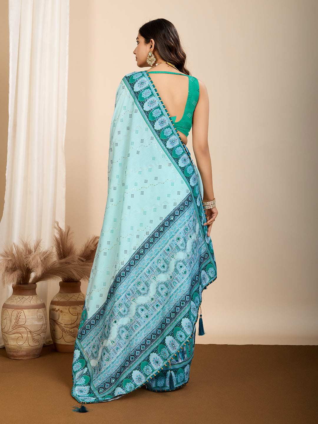 Cyan Muslin Cotton Designer Digital Printed Ethnic Ceremonial Saree